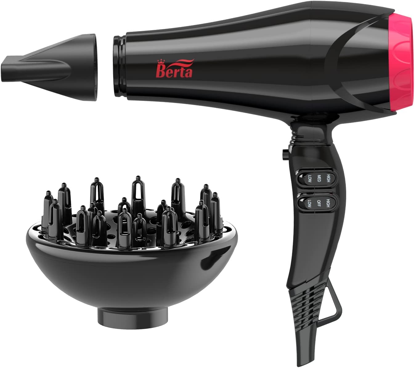 BERTA 1875W Professional Salon Hair Dryer Negative Ionic Blow Dryer, 2 Speed 3 Heat Settings Cool Button with AC Motor, Concentrator Nozzle & Diffuser