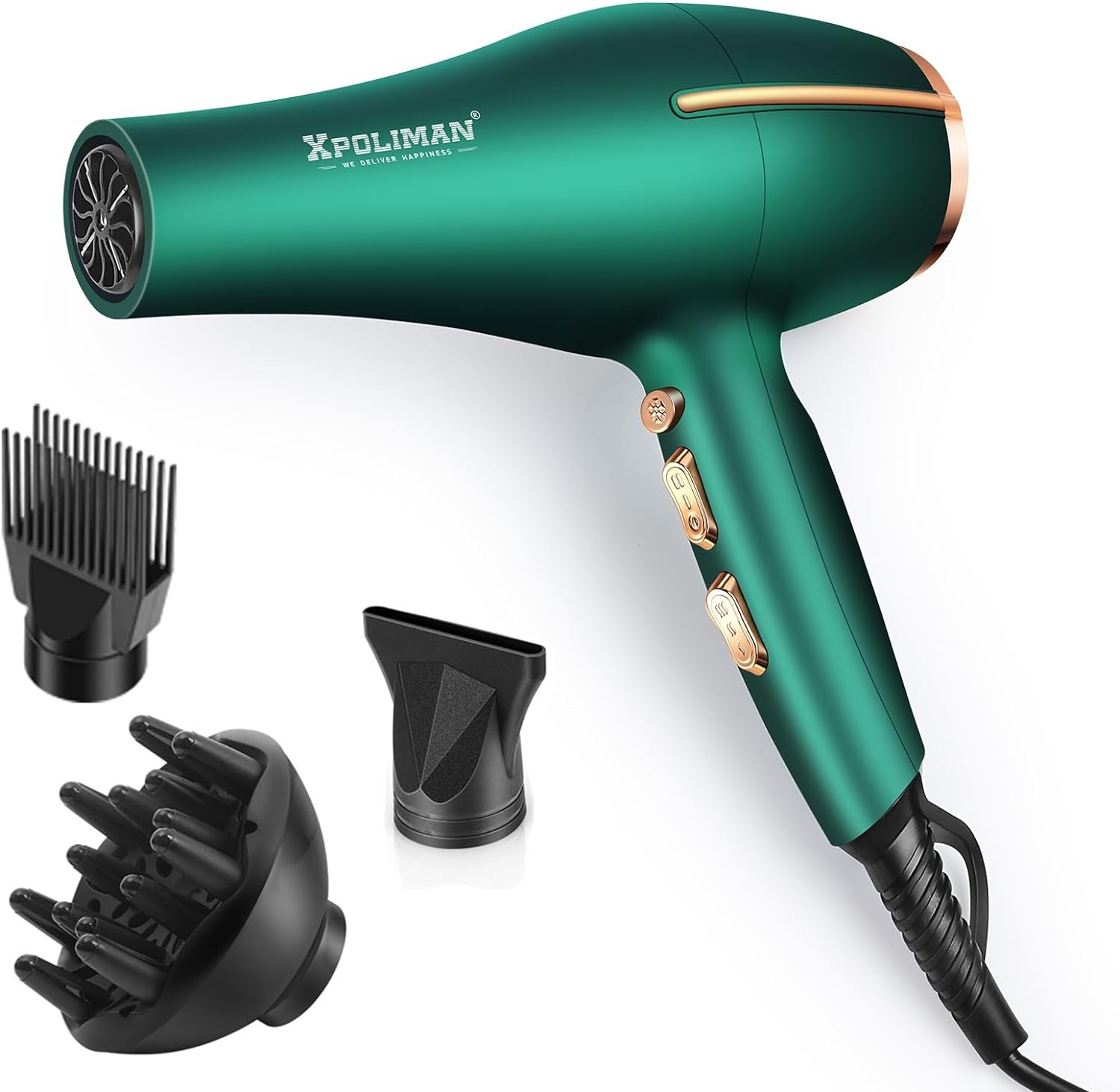 Pro Ionic Salon Hair Dryer,Xpoliman Blow Dryer,Powerful 2000 Watt with AC Motor,Quick Drying Hairdryers Diffuser Fast Dryer Lightweight Best Soft Touch Body -Green & Gold