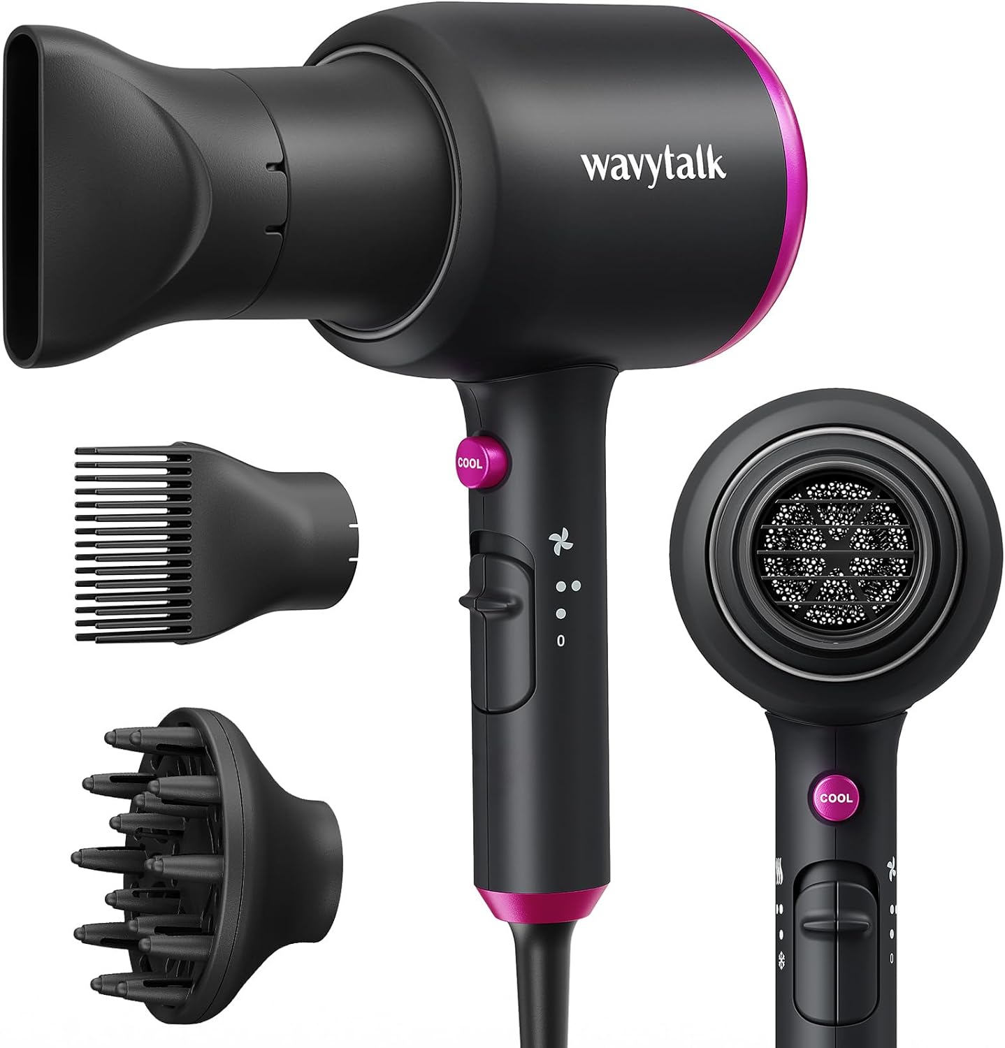 Wavytalk Professional Hair Dryer with Diffuser, 1875W Blow Dryer Ionic Hair Dryer for Women with Constant Temperature, Hair Dryer with Ceramic Technology Fasting Drying Light and Quiet, Black