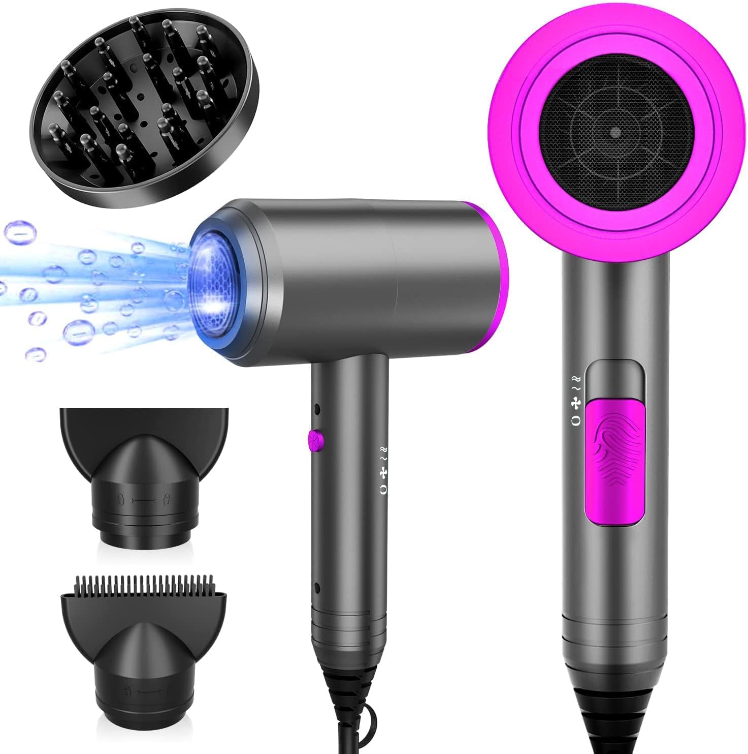 Ionic Hair Dryer, 1800W Professional Blow Dryer (with Powerful AC Motor), Negative Ion Technolog, 3 Heating/2 Speed/Cold Settings, Contain 2 Nozzles and 1 Diffuser, for Home Salon Travel Woman Kids