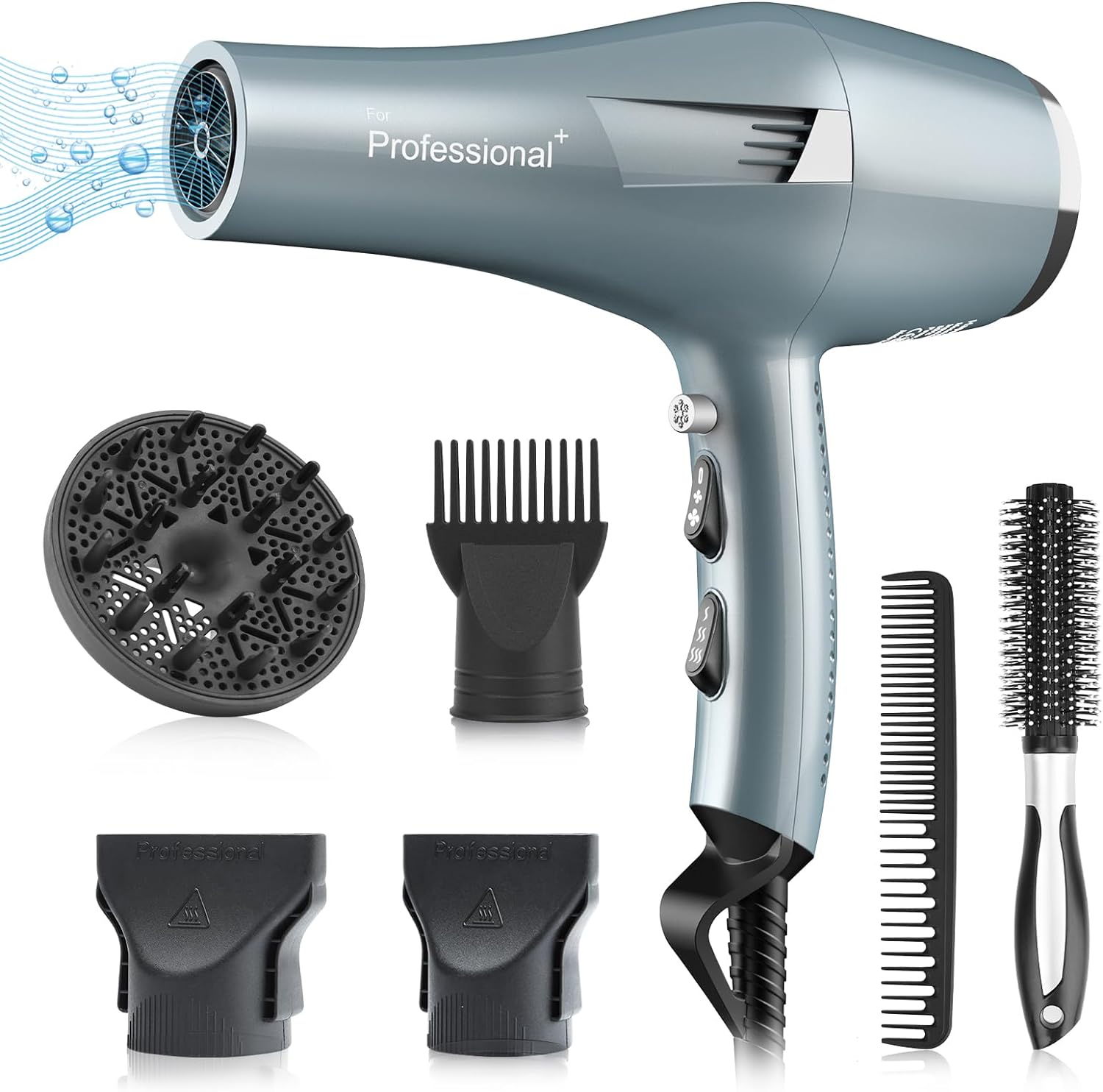 Ionic Salon Hair Dryer, Professional Blow Dryer 2200W AC Motor Fast Drying with 2 Speed, 3 Heat Setting, Cool Button, with Diffuser, Nozzle, Concentrator Comb for Curly & Straight Hair-Blue