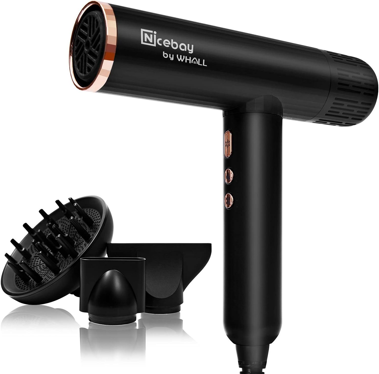 Nicebay Ionic Hair Dryer, Professional Blow Dryer with 3 Attachments, 110000RPM High-Speed Brushless Motor for Fast Drying, Lightweight, Low Noise, 1600W Hairdryer with Diffuser