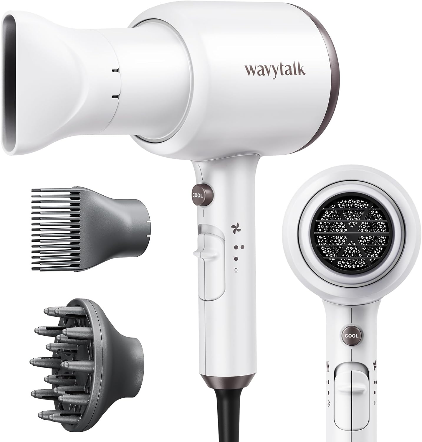 Wavytalk Hair Dryer with Diffuser and Concentrator Professional 1875 Watt Negative Ions Dryer Fast Drying Light and Quiet with Ceramic Technology Nozzle for Women Curly Hair, Matte White