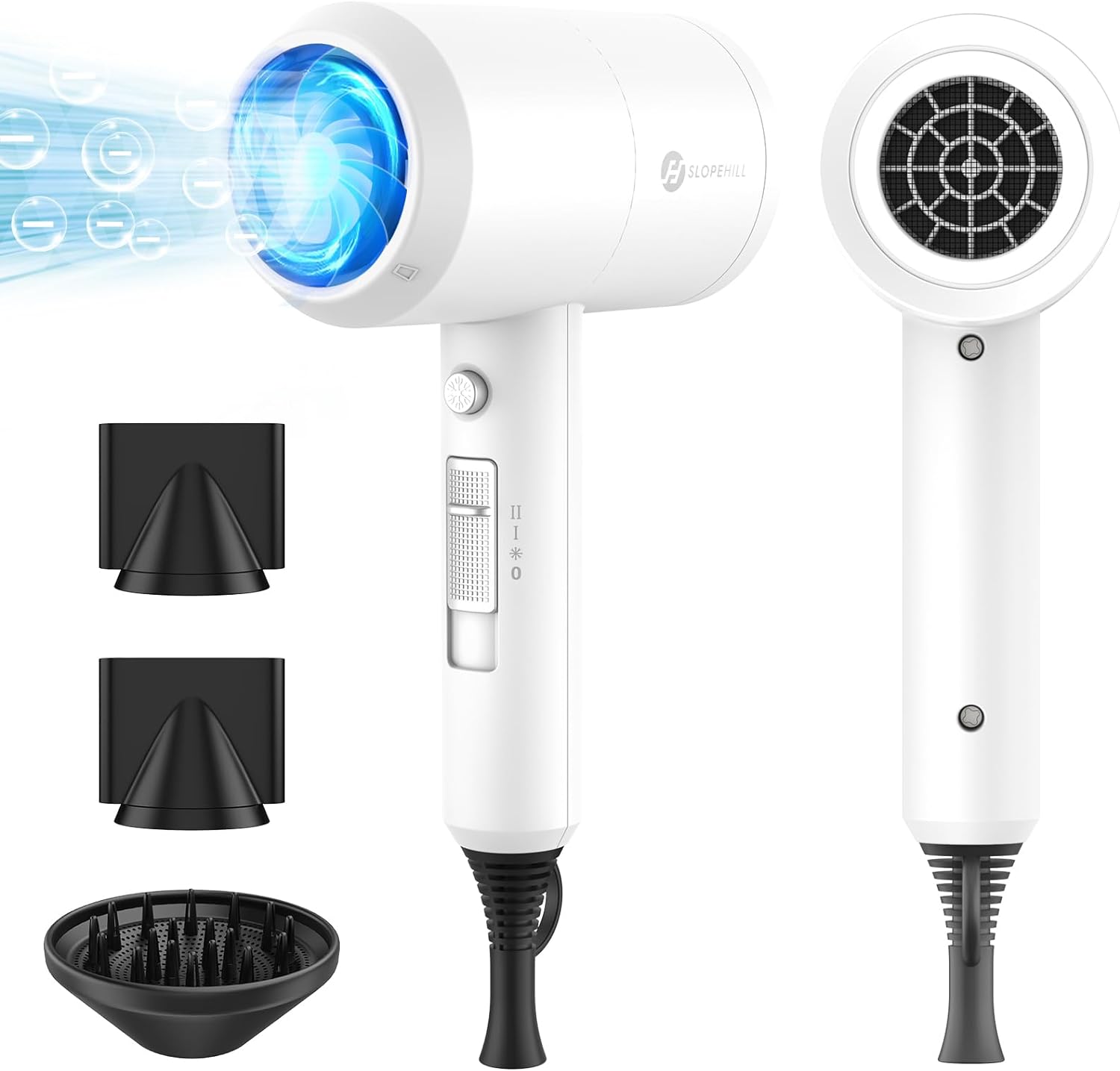 Slopehill Professional Ionic Hair Dryer, Powerful 1800W Fast Drying Low Noise Blow Dryer with 2 Concentrator Nozzle 1 Diffuser Attachments for Home Salon Travel (White)