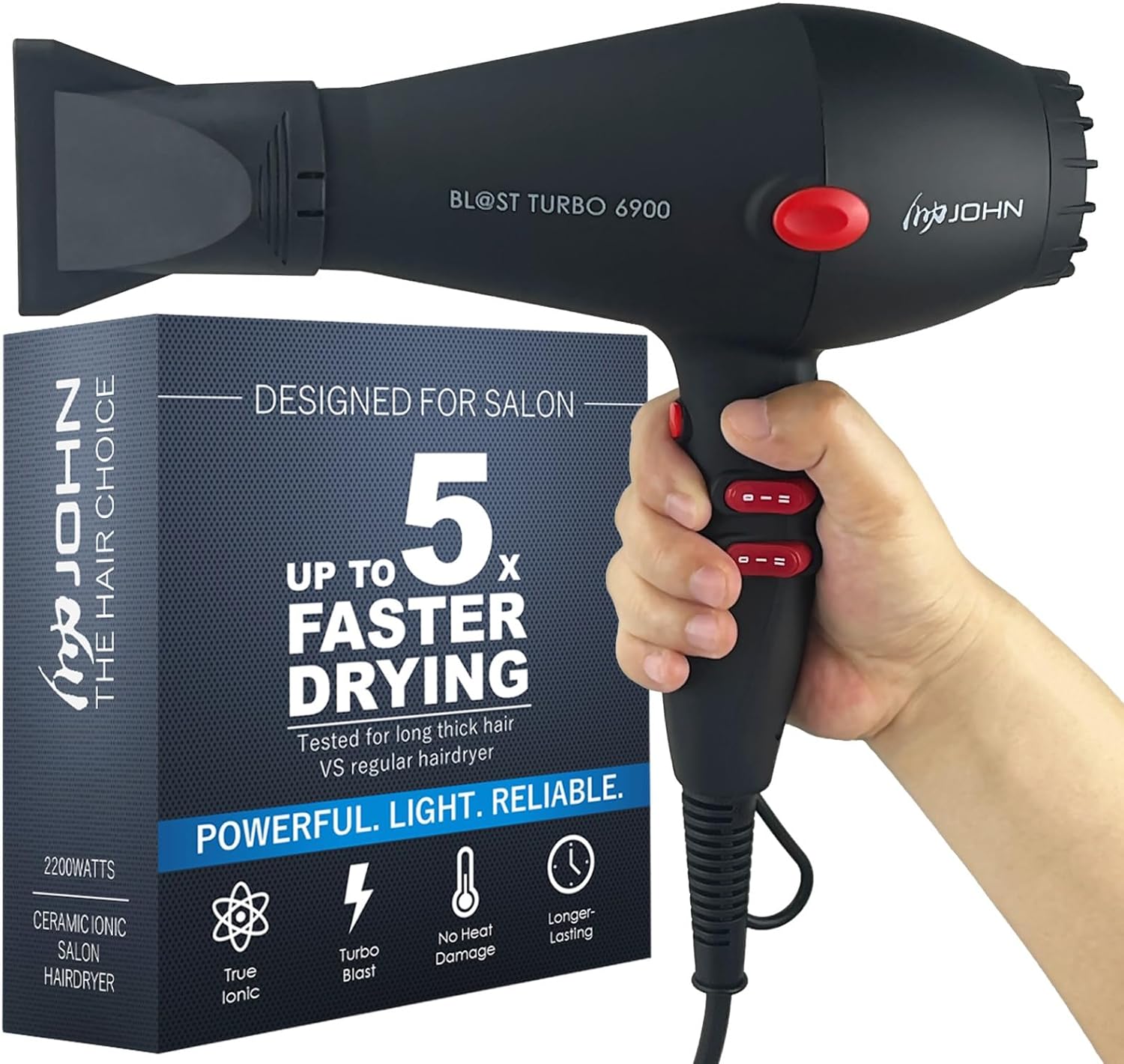 Ionic Hairdryer for Salon 2200W | Professional Hair Blow Dryer | Blast Turbo 6900 Soft Touch Black