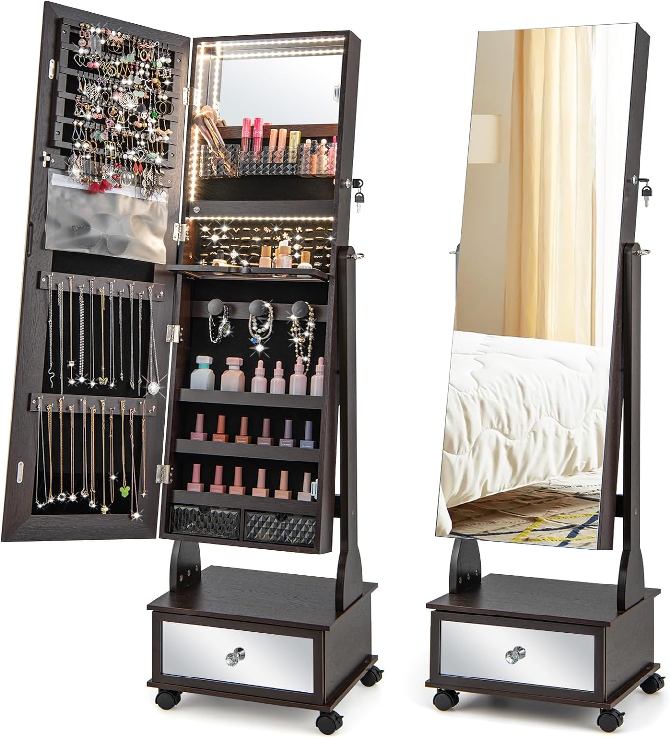 LOKO Standing Jewelry Armoire with Wheels, Lockable Jewelry Organizer with Full-Length Mirror, Vanity Mirror, 3-Color LED Lights, Jewelry Cabinet with Adjustable Angles for Bedroom, Cloakro (Brown)