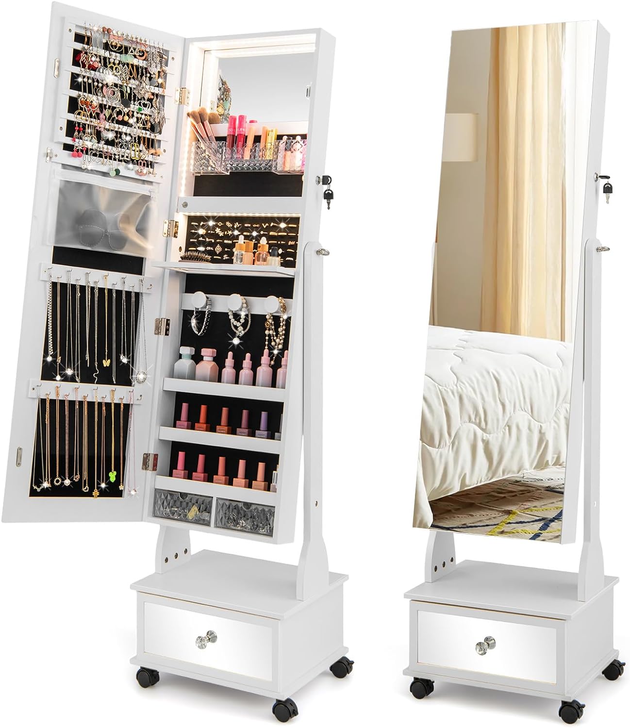 LOKO Standing Jewelry Armoire with Wheels, Lockable Jewelry Organizer with Full-Length Mirror, 3-Color LED Lights, Jewelry Cabinet with Adjustable Angles for Bedroom, Cloakroom (White)