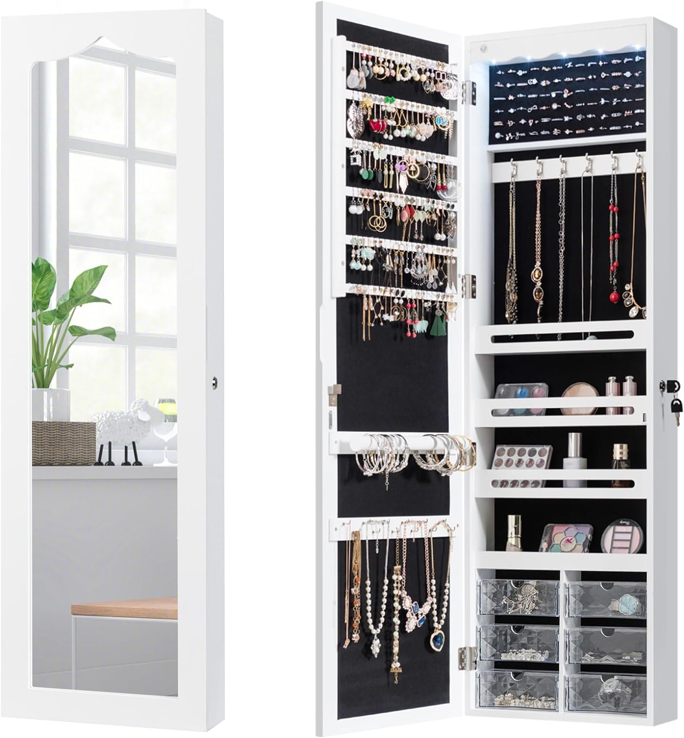 LOKO Lockable Wall-MountedMirror Jewelry Cabinet, Tall Jewelry Organizer with 5 LEDs, Large Capacity Jewelry Armoire with Full Length Mirror and 6 Drawers for Women Girls (White)