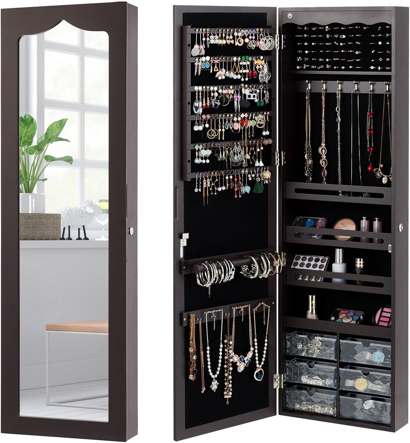 LOKO Lockable Wall-MountedMirror Jewelry Cabinet, Tall Jewelry Organizer with 5 LEDs, Large Capacity Jewelry Armoire with Full Length Mirror and 6 Drawers for Women Girls (Brown)