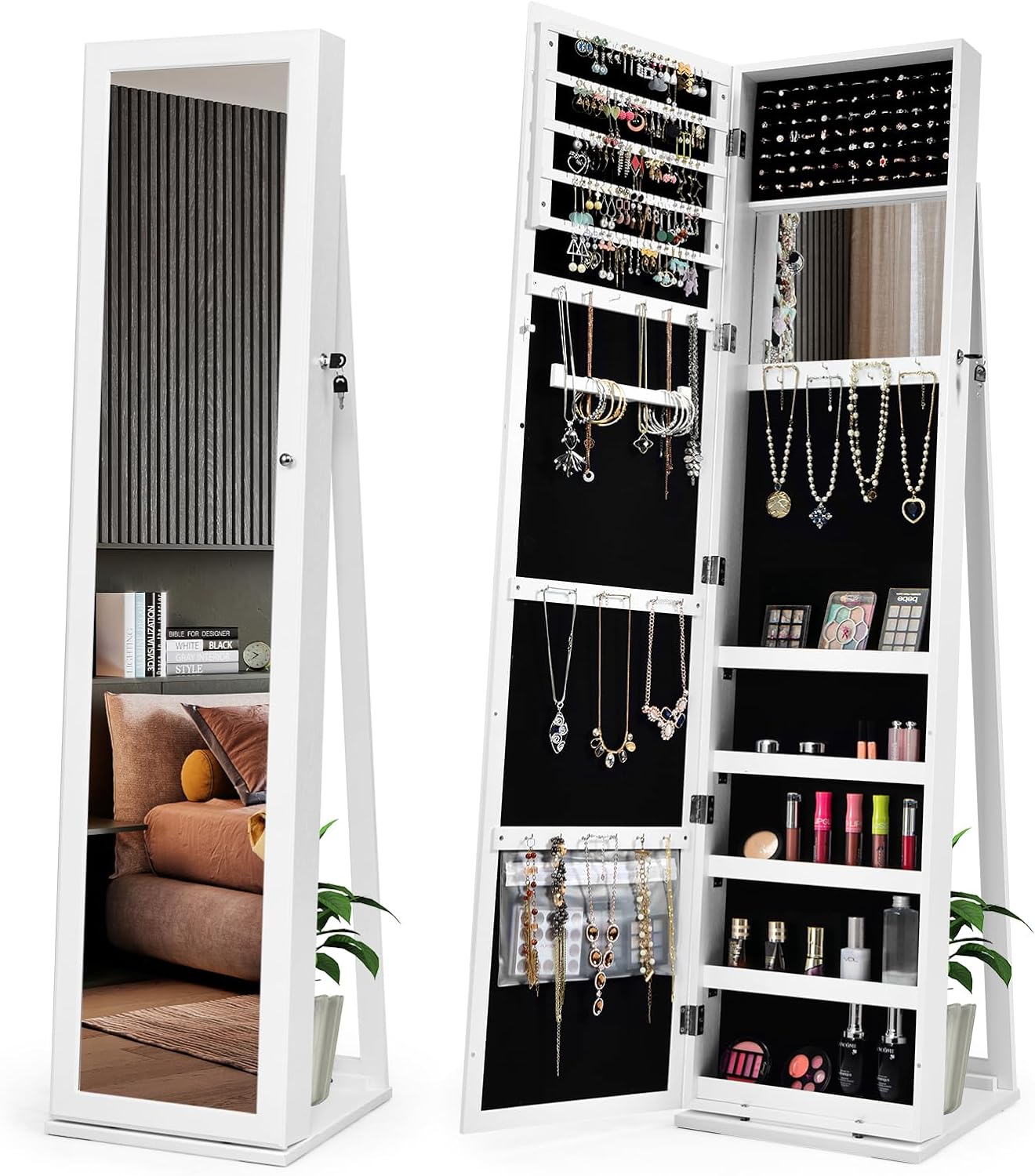 LOKO Lockable Jewelry Cabinet, Large Capacity Makeup Organizer with Full-Length Mirror, Built-in Makeup Mirror, 5 Storage Shelves, Floor Standing Jewelry Armoire for Living Room, Bedroom (White)