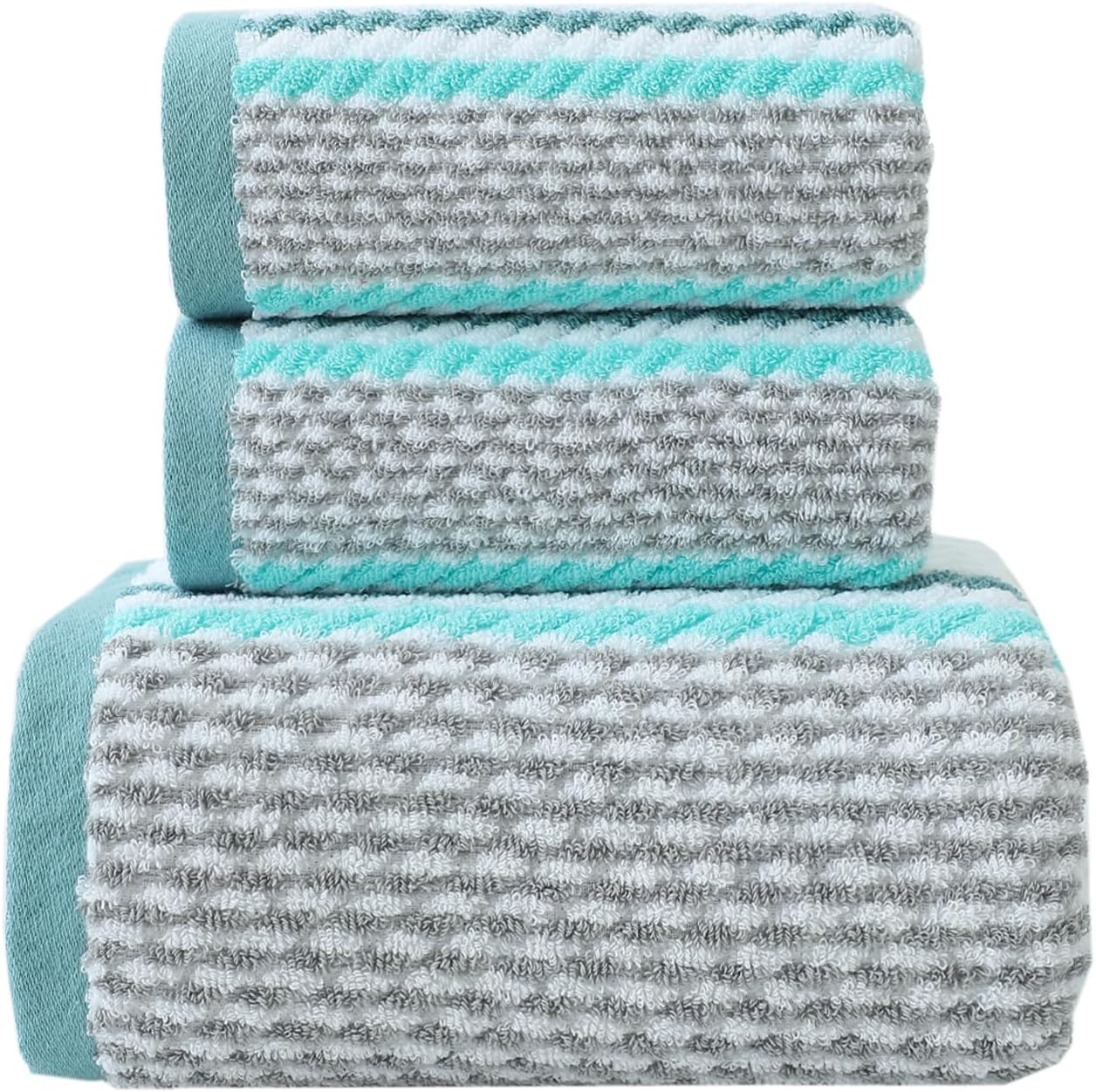 Pidada Bath Hand Towel Set of 3 Striped Pattern 100% Cotton Soft Absorbent Decorative Towels for Bathroom (Green)