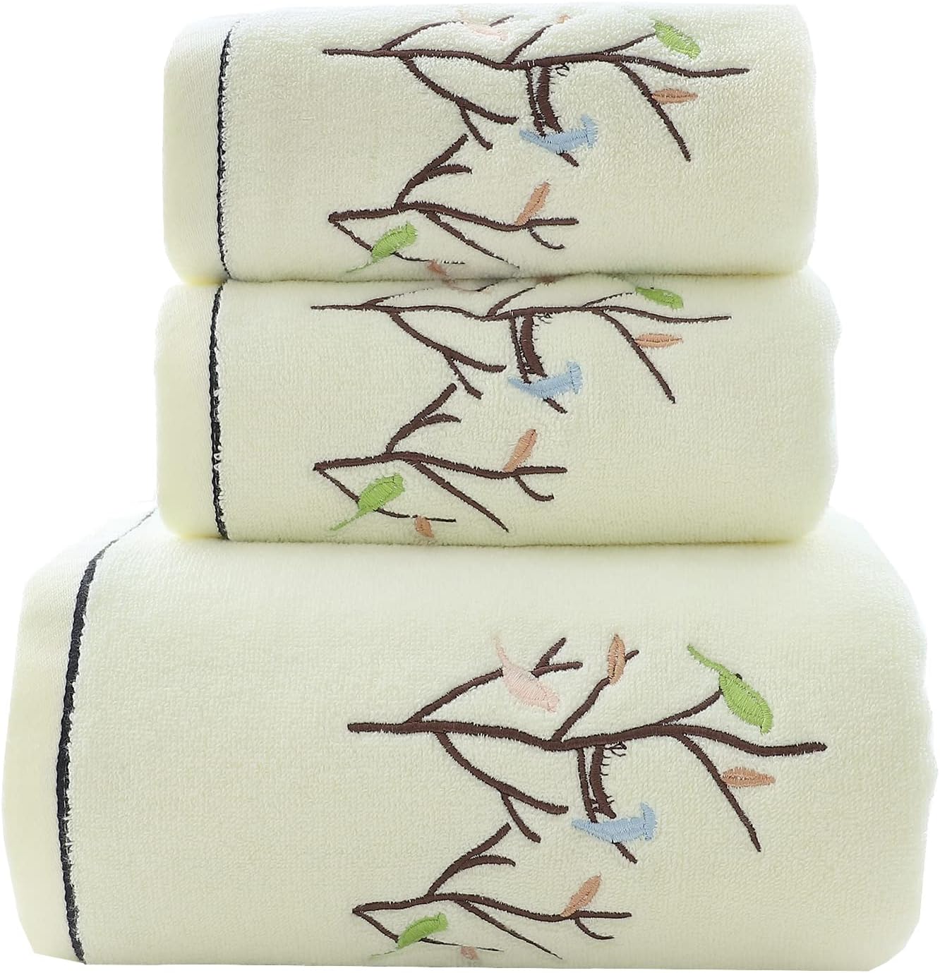 Pidada Bath Hand Towel Set of 3 Embroidered Bird Tree Pattern 100% Cotton Soft Absorbent Decorative Towels for Bathroom (Light Yellow)