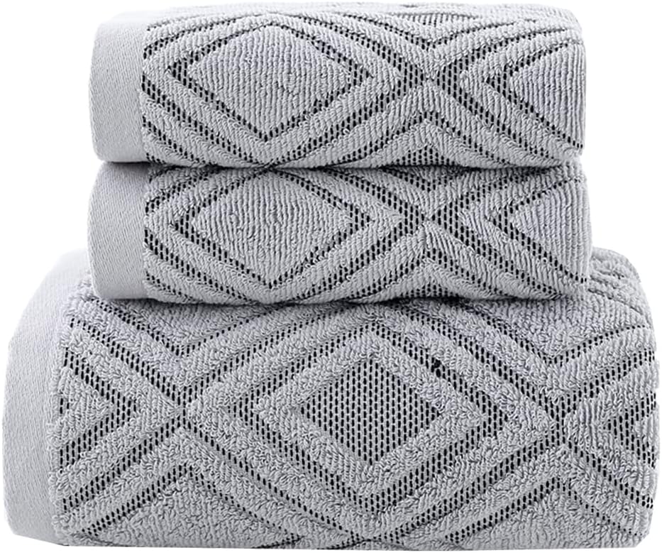 Pidada Bath Hand Towel Set of 3 Diamond Pattern 100% Cotton Absorbent Soft Decorative Towels for Bathroom (Gray)