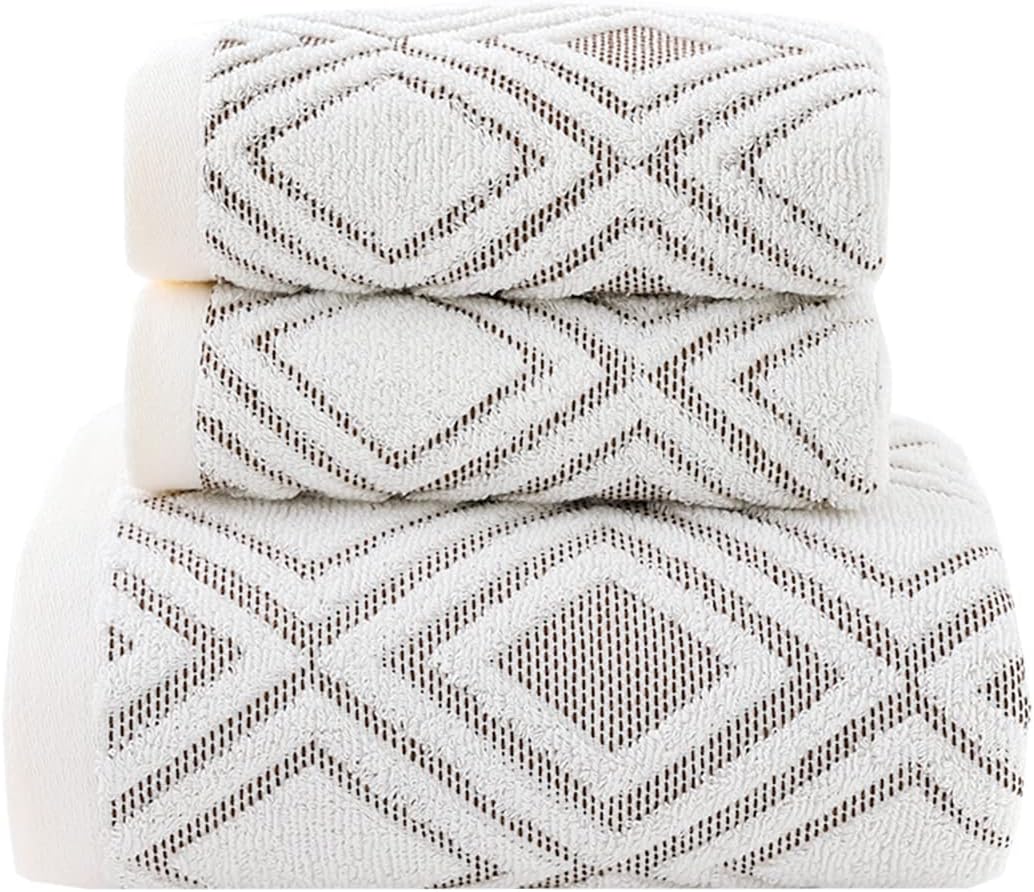 Pidada Bath Hand Towel Set of 3 Diamond Pattern 100% Cotton Absorbent Soft Decorative Towels for Bathroom (Beige Brown)