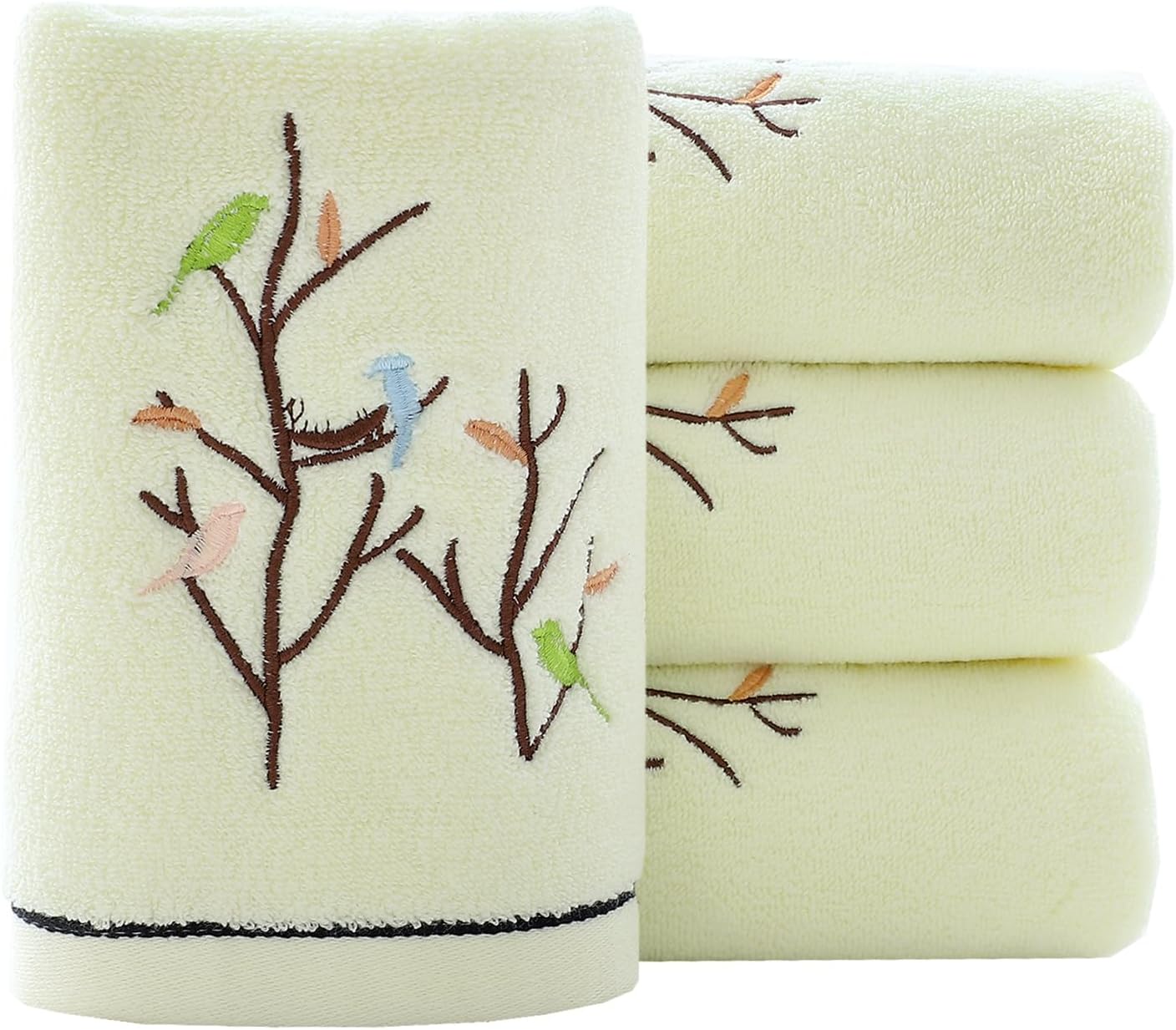 Pidada Hand Towels Set of 4 Embroidered Bird Tree Pattern 100% Cotton Absorbent Soft Decorative Towel for Bathroom 13.8 x 29.5 Inch (Light Yellow)