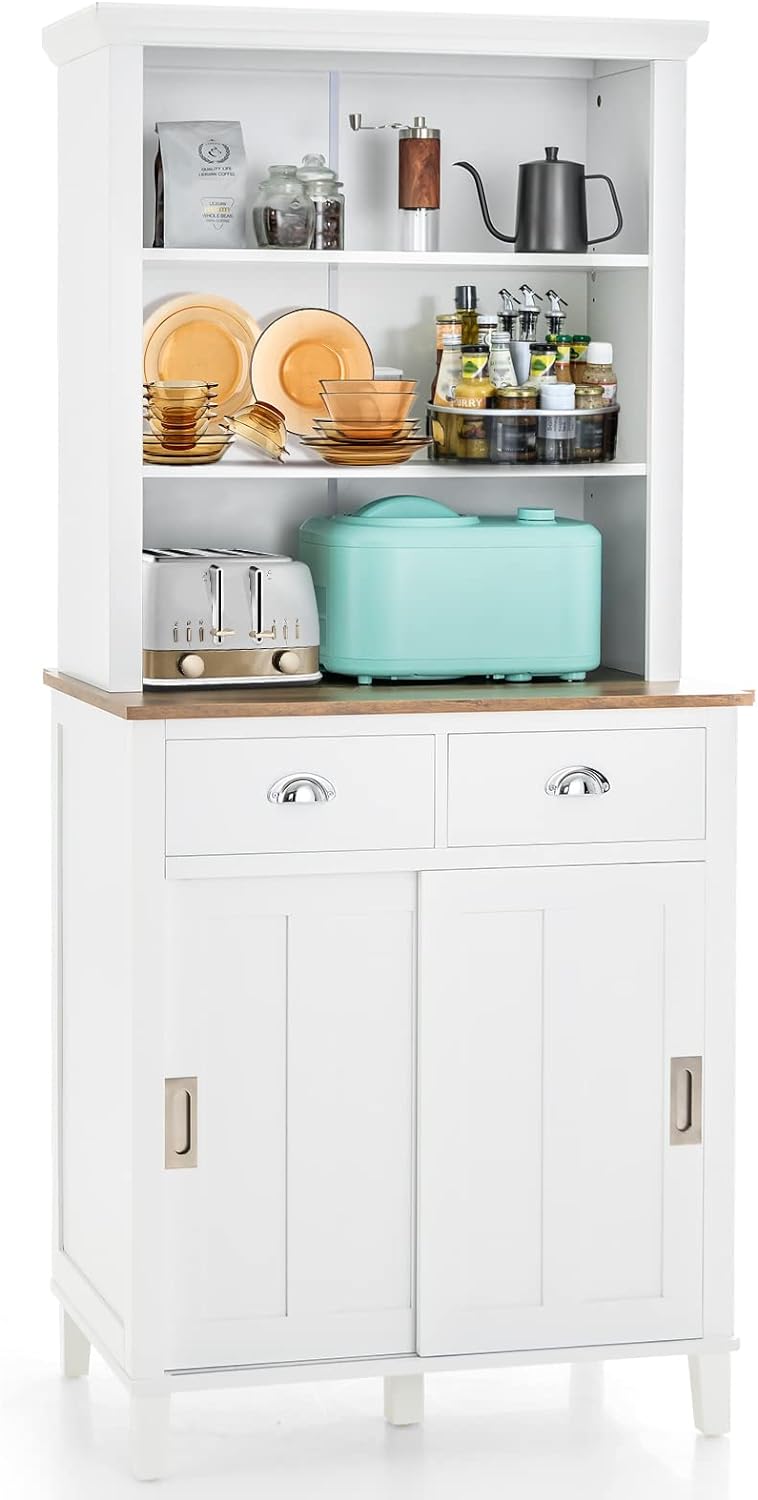 LOKO Kitchen Pantry Storage Cabinet, 67 Tall Buffet Hutch with Sliding Doors, Drawers & Adjustable Shelves, 67 Tall Freestanding Kitchen Hutch Storage Cabinet, 30 x 19 x 67 inches