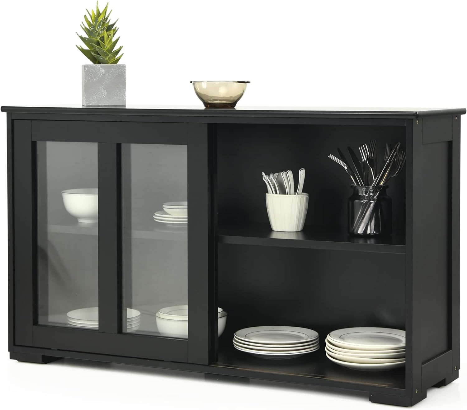 LOKO Stackable Buffet Cabinet, Kitchen Storage Cabinet with Sliding Tempered Glass Doors, Small Sideboard for Kitchen, Dining Room or Living Room, 42 x 13 x 24.5 inches (Black)