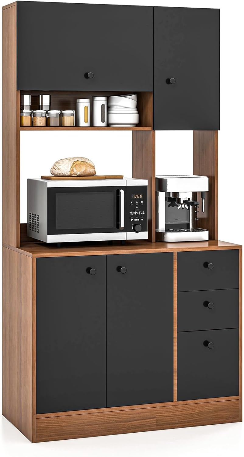 LOKO 71 Tall Kitchen Pantry Storage Cabinet, Freestanding Buffet Hutch with Doors, Adjustable Shelves, 3 Drawers and Microwave Stand, Kitchen Hutch for Dining Room, Living Room (Walnut & Black)