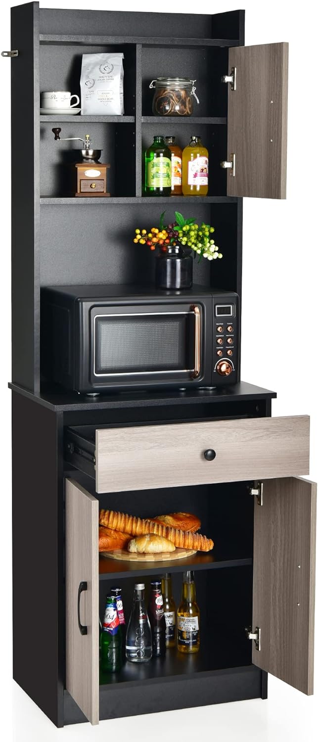 LOKO Kitchen Pantry Storage Cabinet, Compact Kitchen Cabinet with Hutch, Pantry Cabinet with Doors and Shelves, Kitchen Storage Cabinet with Microwave Stand & Drawers, 24 x 16 x 71 inches (Black)