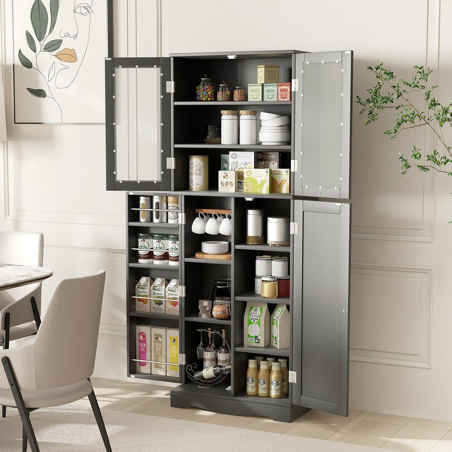 LOKO 63.5 Tall Kitchen Pantry Storage Cabinet, Utility Food Buffet Cabinet with Glass Doors, Storage Shelves, Door Racks, Freestanding Cupboard for Dining Room, Living Room (Black)