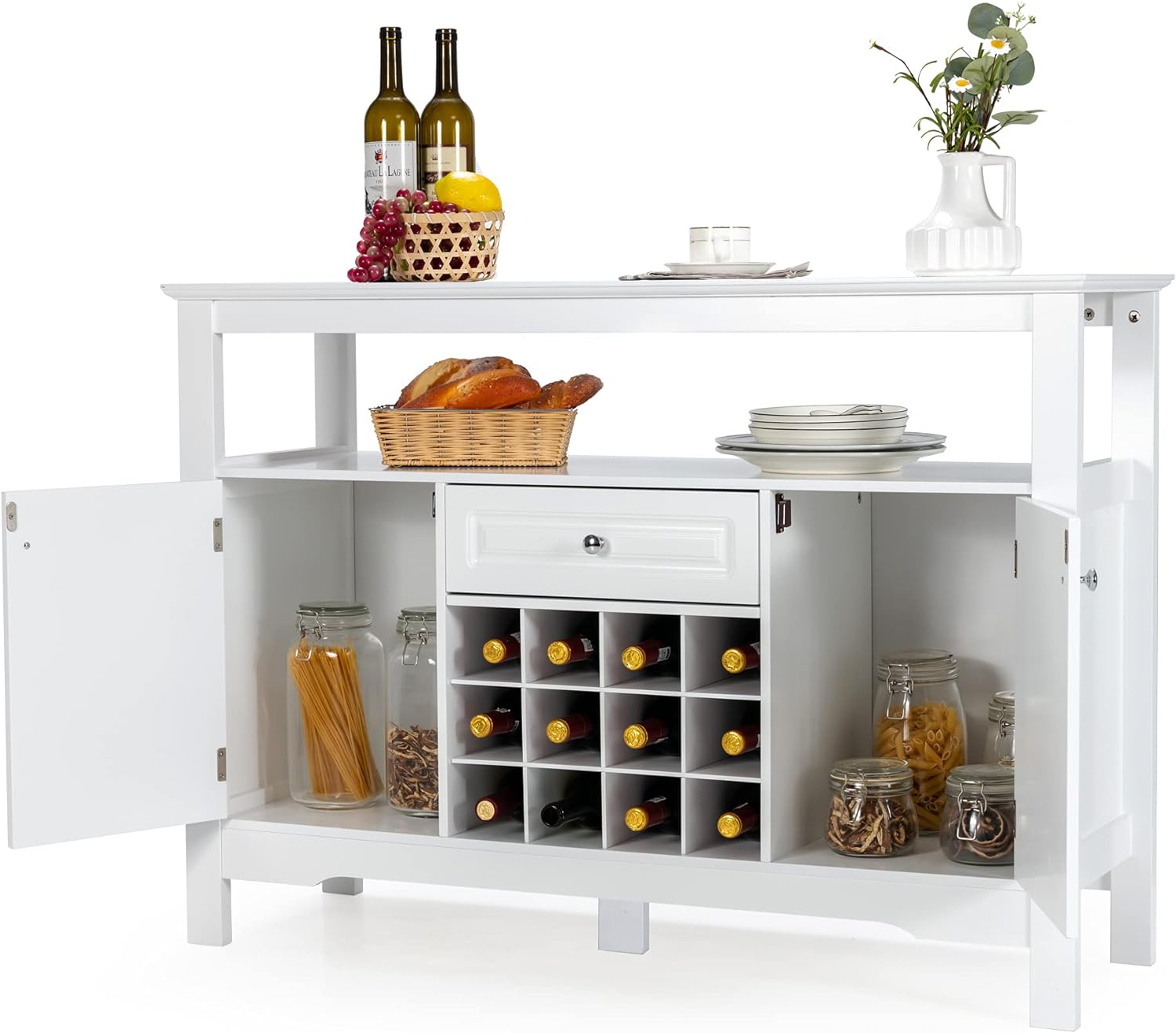 LOKO Buffet Cabinet with Storage, Bar Cabinet with Removable Wine Rack, Buffets & Sideboards with Various Storage Space, 46 x 16 x 32.5 inches (White)