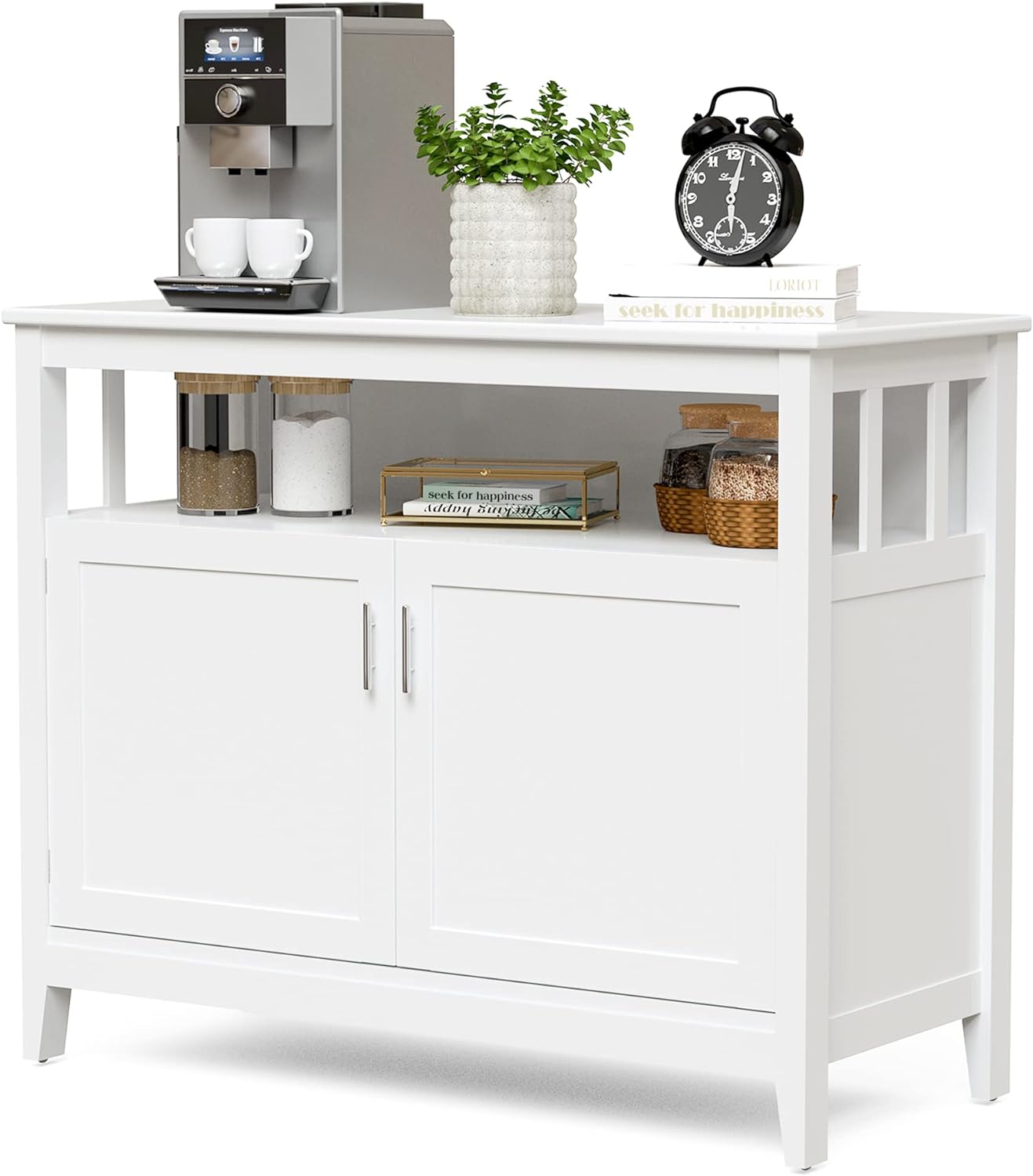 LOKO White Buffet Cabinet, Kitchen Cabinet with Five-Position Adjustable Shelf, Sideboard Cabinet with Pine Wood Legs, 45 x 20 x 36 inches