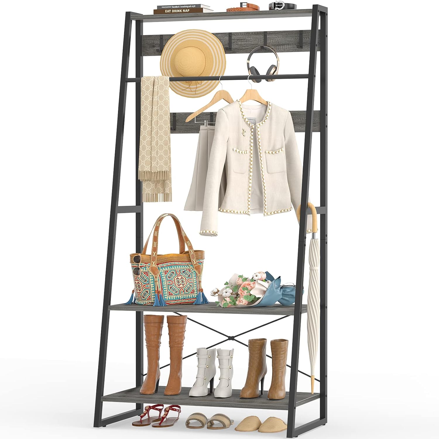 Unikito Coat Rack, 3-in-1 Hall Tree with Storage Shoe Rack, Freestanding Entryway Bench with Shelves, Industrial Entry Coat Stand with Metal Frame for Entrance, Foyer, Bedroom, Easy Assemble, Gray