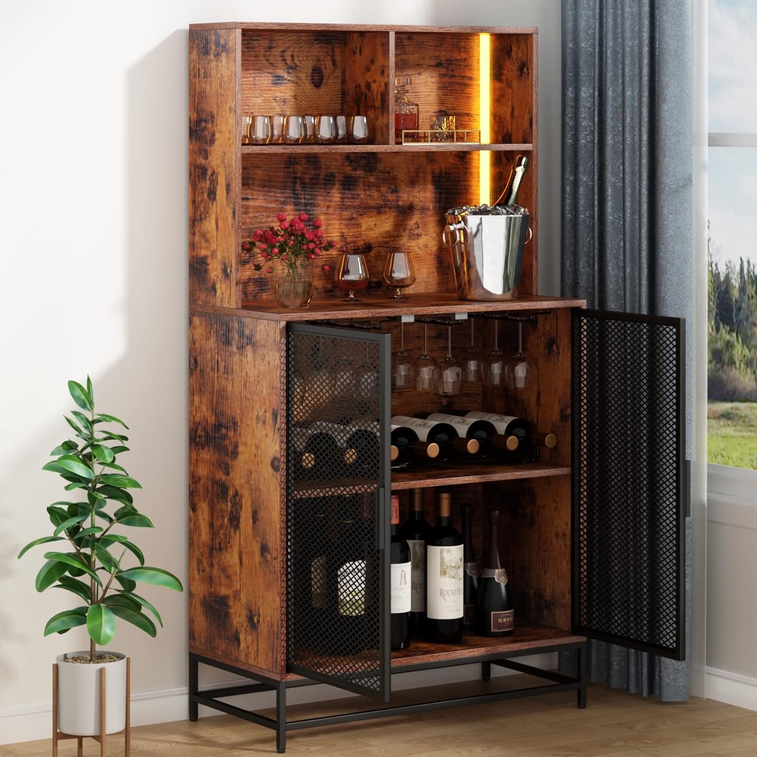 Wine Bar Cabinet with LED Lights, 4-Tier Coffee Bar Cabinets with Storage Shelves, Industrial Kitchen Storage Cabinet with Wine Rack, Freestanding Liquor Cabinet with Glass Holder, Rustic