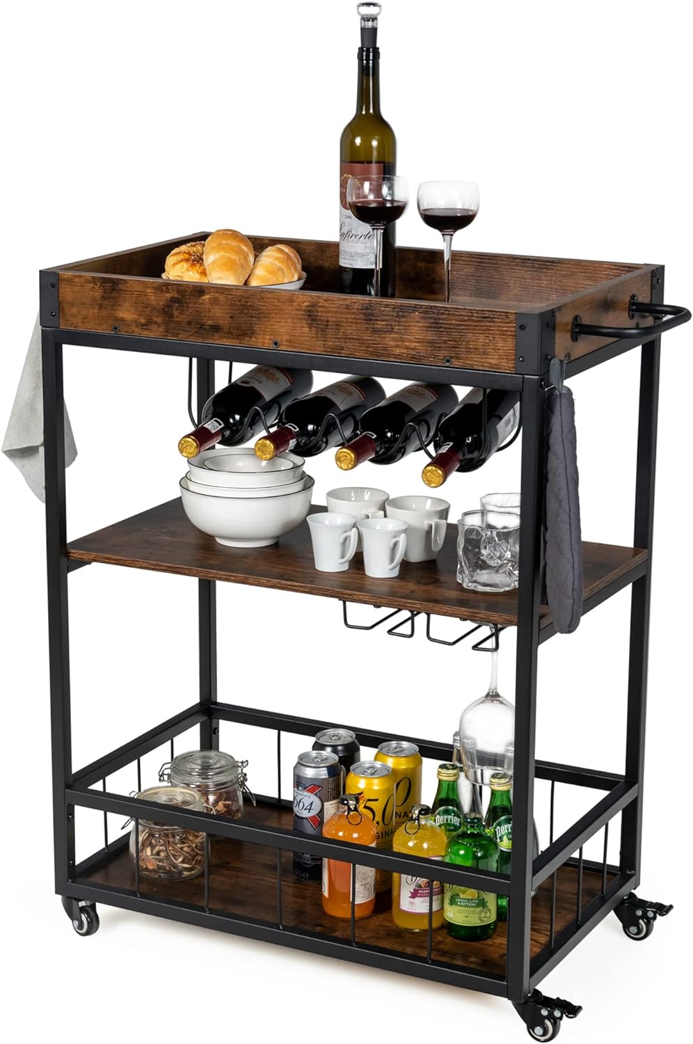 LOKO Bar Cart, Industrial Style Kitchen Rolling Cart with Removable Top Tray, Coffee Cart on Wheels for Home Kitchen and Dining Room, 33 x 16 x 35 inches