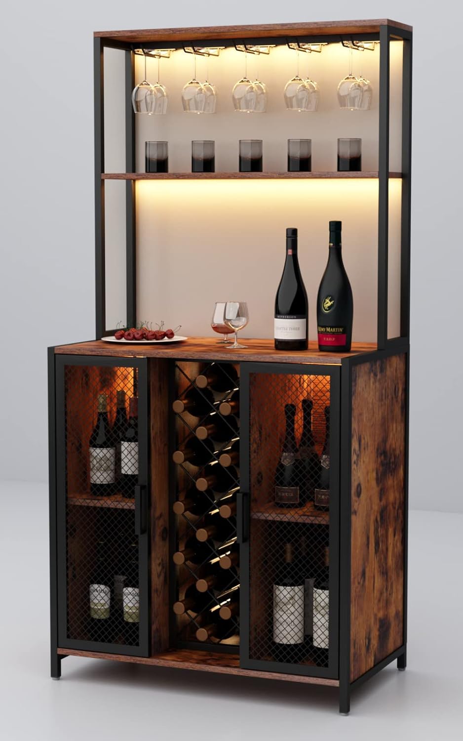 Wine Bar Cabinet with LED Lights, 5-Tier Industrial Coffee Bar, Buffet Sideboard with Adjustable Shelves, Kitchen Bar Table with Wine Rack Storage and Glass Slots for Liquor and Glasses,Rustic