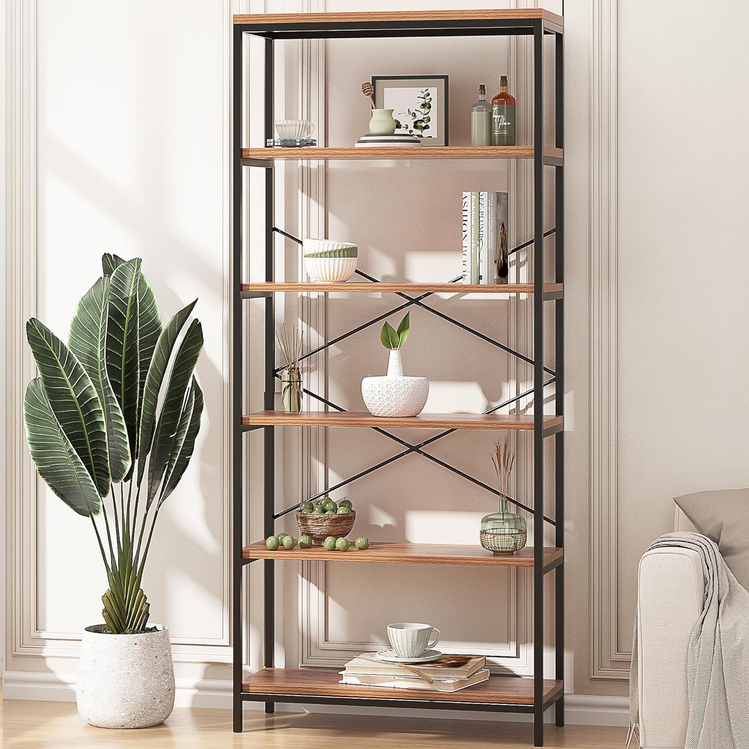 Solid Open Book Shelves, 71 Tall Modern Bookshelf 6 Foot, Free Standing Display Shelving Unit, 5 Tier Industrial Bookcase for Living Room Bedroom - Black Metal Frame & Rustic Cherry Wooden Shelves