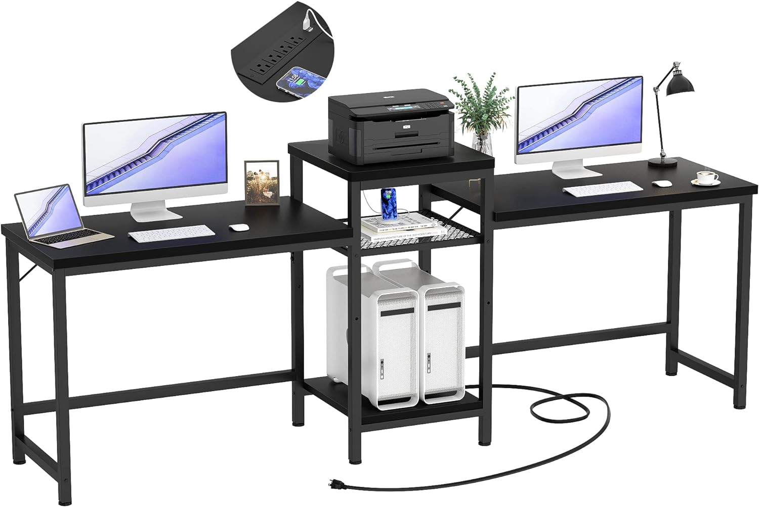 Unikito 2 Person Home Office Desk with USB Charging Port and Power Outlet, Modern Double Desk, Large Computer Desk Workstation with Storage Shelves, Long Desk, Gaming Desk, Writing Study Desk, Black