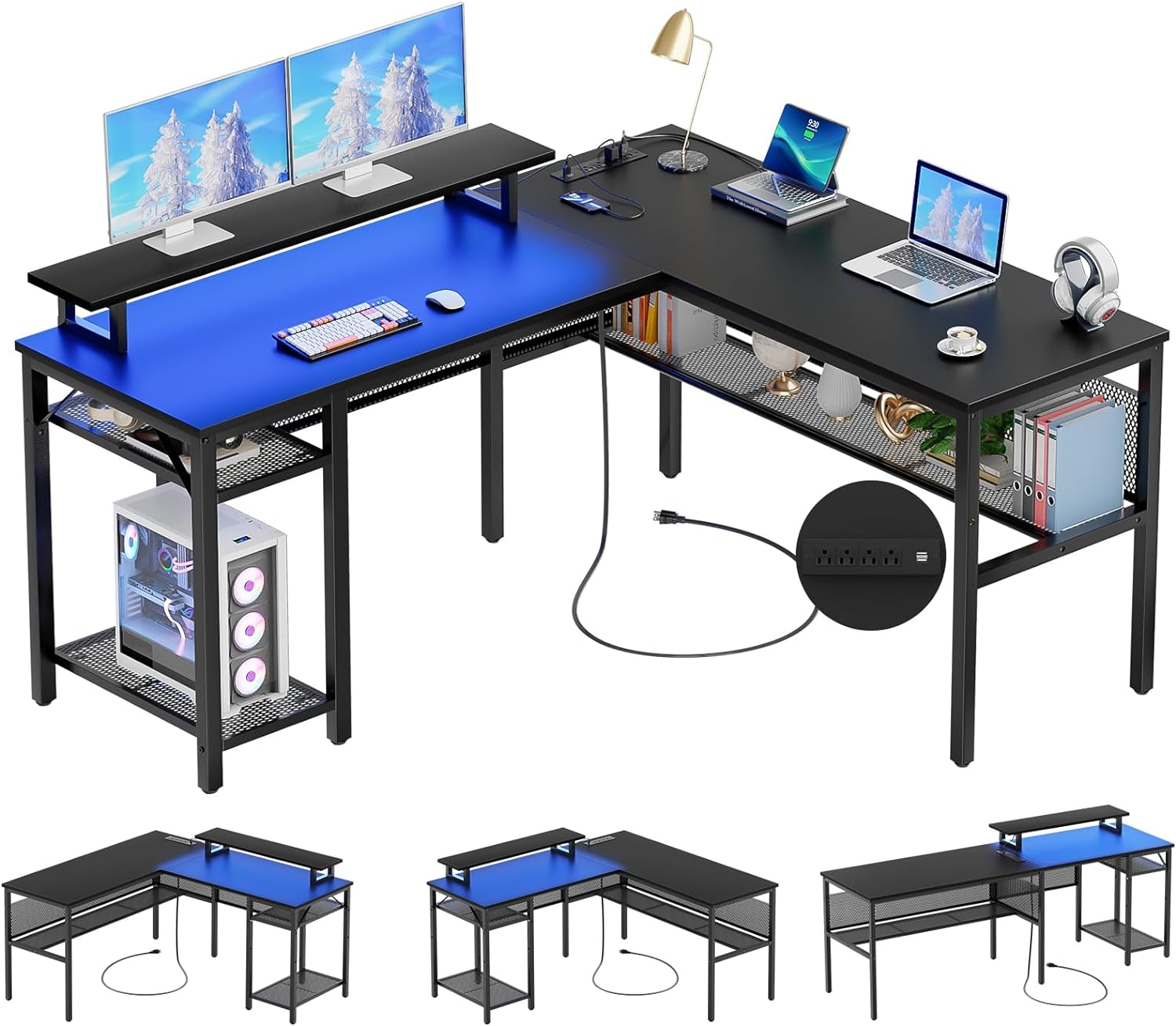 Unikito L Shaped Desk, Reversible Corner Computer Desk with Magic Power Outlets and Smart LED Light, Unique Grid Design, 55 Inch Office Desk with Monitor Stand and Storage Shelf, Black