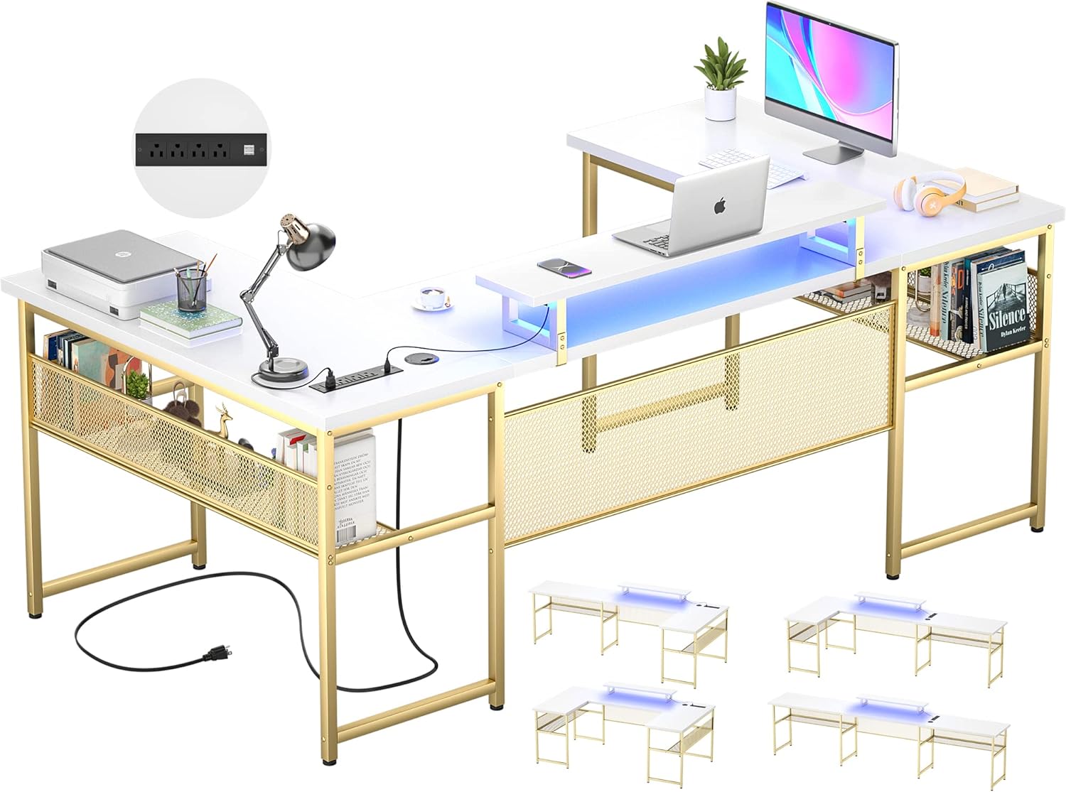 Unikito U Shaped Desk with LED Strip and Power Outlet, Reversible Large Corner Computer Desk with Monitor Stand and Storage Shelf, 83 Inch U Shape Office Desks, 2 Person L Shaped Gaming Table, White