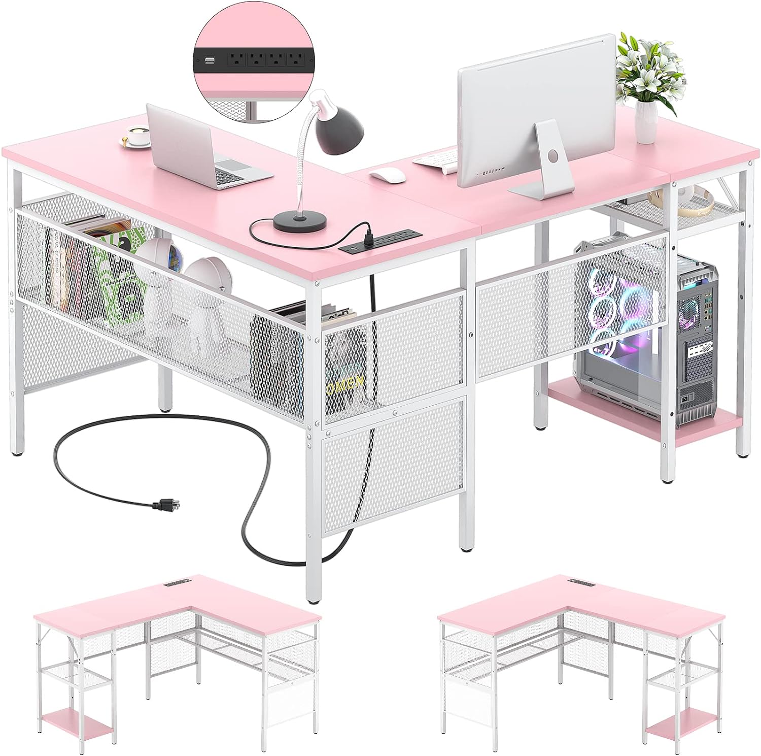 Unikito L Shaped Computer Desk with Power Outlet and USB Charging Port, Reversible L-Shaped Office Desks with Storage Shelves, Unique Grid Design, 2 Person Corner Desk for Home Office, Pink