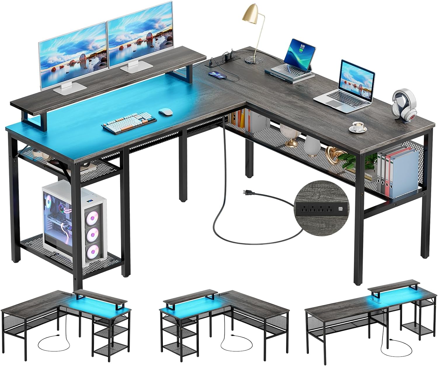 Unikito L Shaped Computer Desk with Magic Power Outlets and Smart LED Light, Reversible 55 Inch Corner Office Desk with Monitor Stand, Unique Grid Design, Gaming Table with Storage, Black Oak