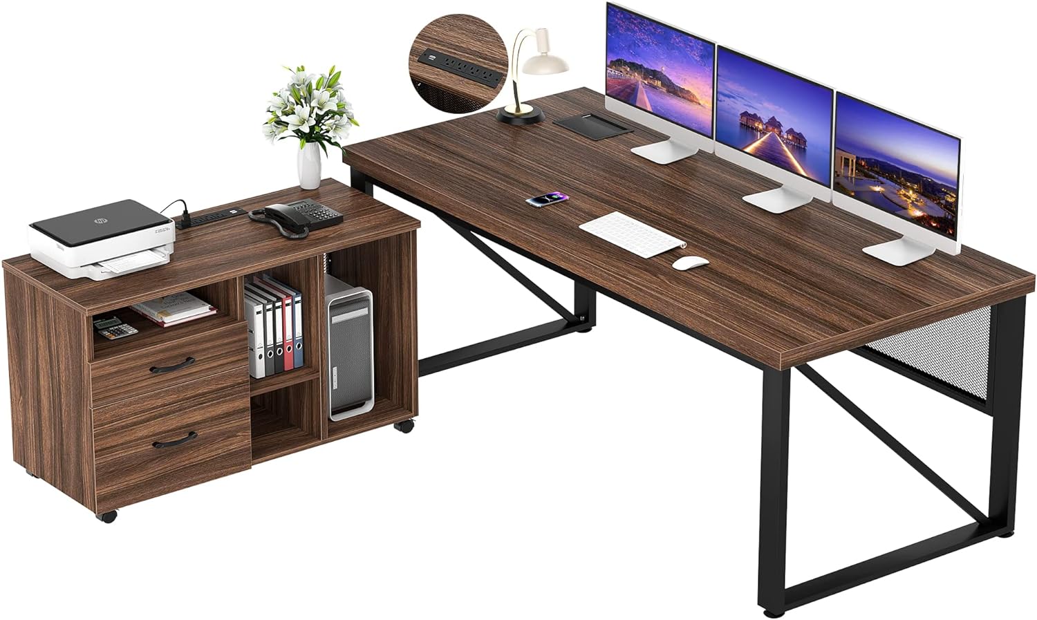 Unikito L Shaped Executive Desk and Mobile Lateral File Cabinet, 55 Inch L Shaped Office Desk with Power Outlet and Cable Management, Large Computer Table with Drawers and Storage Shelves, Rustic Oak