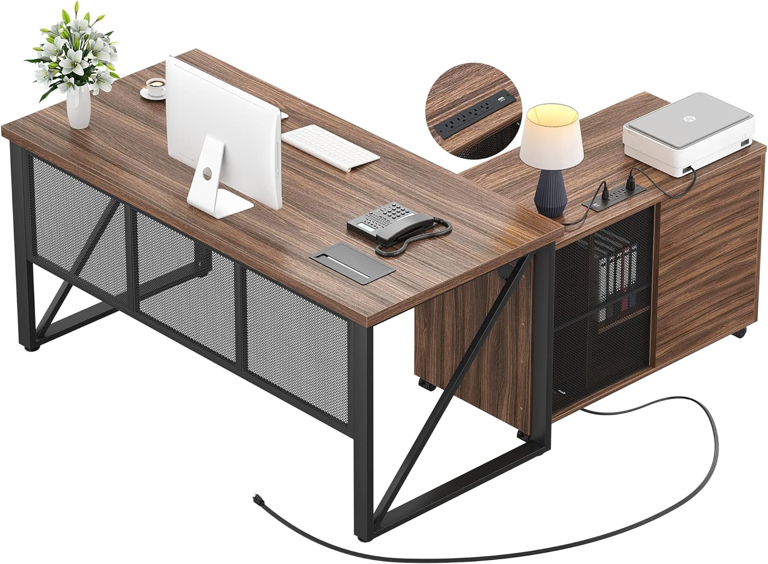 Unikito L Shaped Office Desk with Mobile File Cabinet, 55 Executive Computer Desk with Power Outlets and Cable Managements, Home Office Furniture with Drawers and Storage Shelves, Rustic Oak