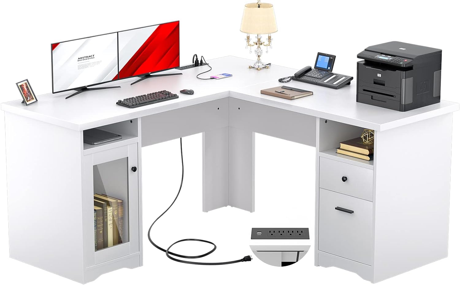 Unikito L Shaped Desk with Drawers, Corner Computer Table with Power Outlets and USB Charging Port, Large L Shape Office Desks with File Cabinet, 2 Person Home Office Desk with Storage, White