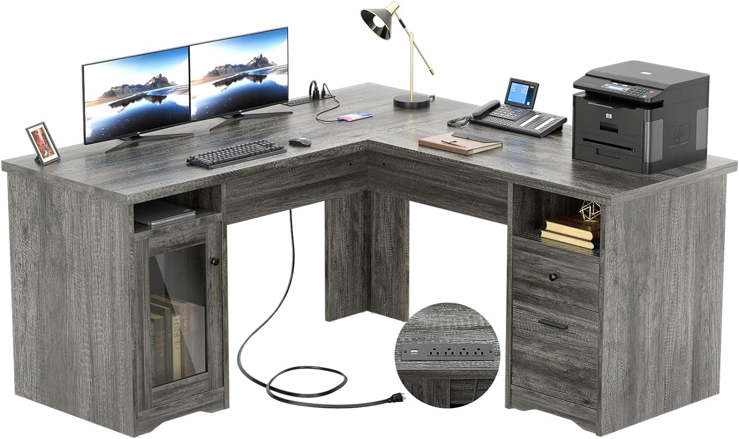 Unikito L Shaped Desk with Drawers, 60 Inch Corner Computer Desks with USB Charging Port and Power Outlet, Large 2 Person Home Office Table with File Cabinet, Black Oak