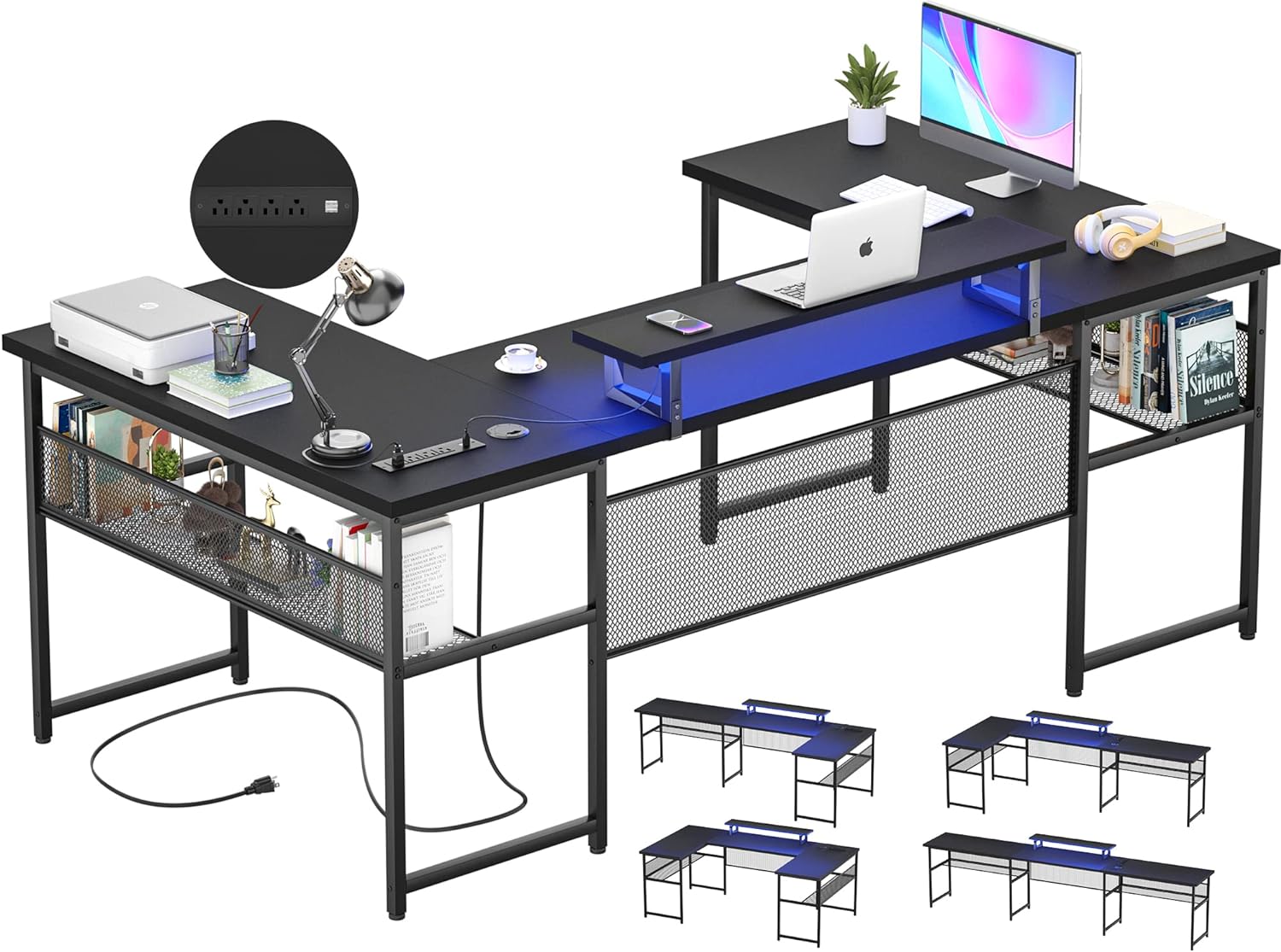 Unikito U Shaped Computer Desk with Power Outlet and LED Strip, Reversible L Shaped Office Desk with Monitor Stand and Storage Shelves, Modern U- Shape Corner Desk, 130 Inch 2 Person Long Table, Black