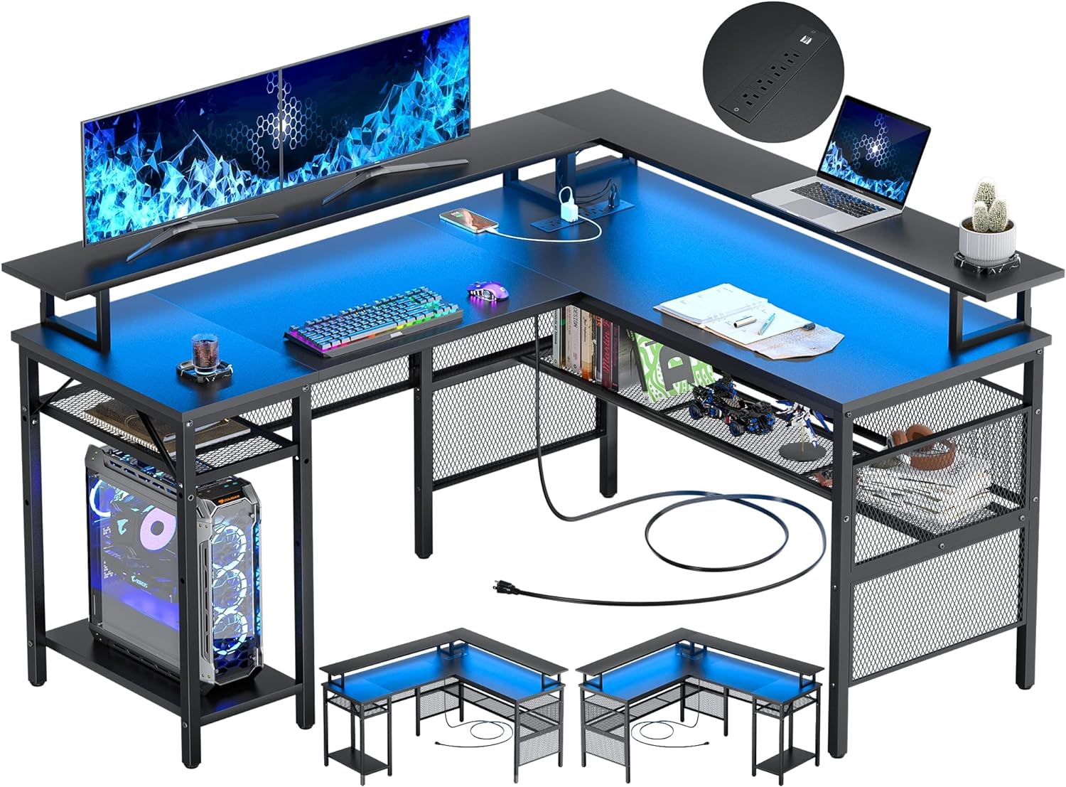 Unikito L Shaped Desk with LED Strip and Power Outlets, Reversible Corner Computer Desks with Monitor Stand and Storage Shelf, Modern Gaming Table, Home Office Desk with USB Ports, Black