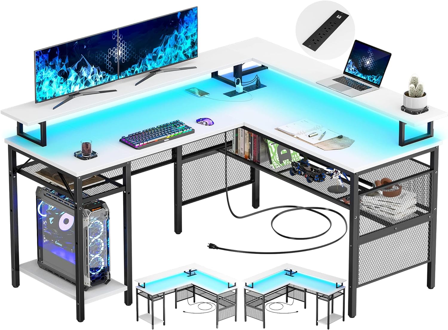 Unikito L Shaped Computer Desk with LED Strip and Power Outlets, Reversible Corner Desk with Monitor Stand and Storage Shelf, Modern Gaming Home Office Table with USB Ports, White