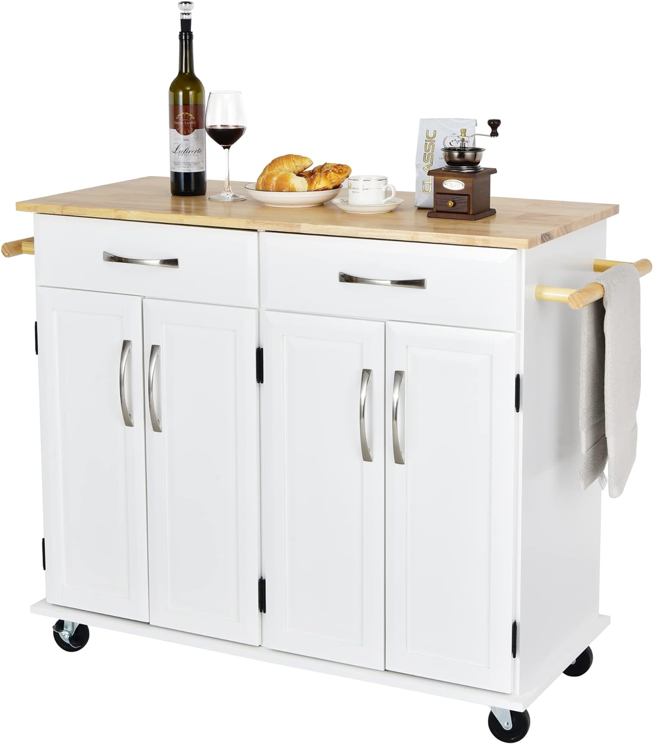 LOKO Kitchen Island with Storage, Rolling Kitchen Cart with Lockable Wheels, Portable Kitchen Cabinet with Rubber Wood Tabletop, 48 x 19 x 36.5 inches (White Kitchen Island)