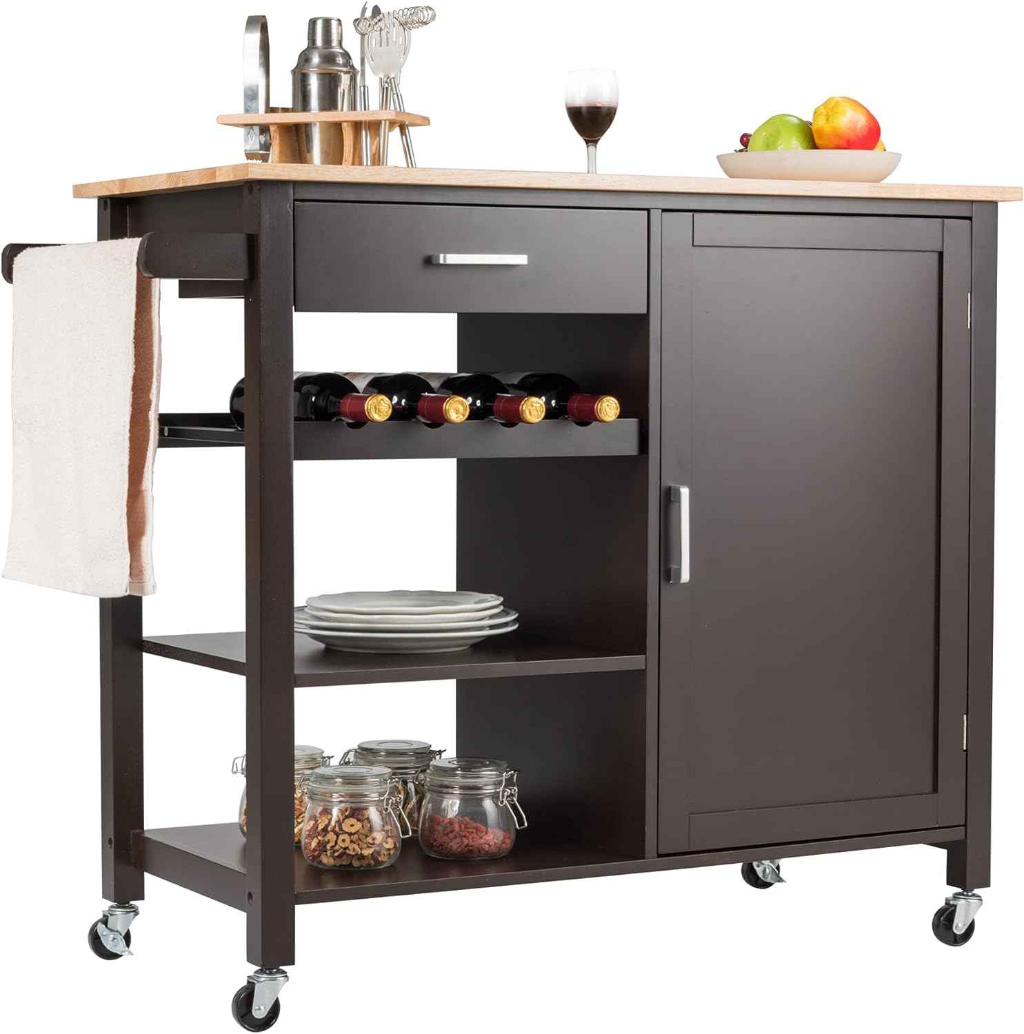 LOKO Kitchen Island with Storage, Rolling Kitchen Cart with Wine Rack, Shelves and Towel Rack, Small Island Table for Kitchen, Dining Room or Restaurant, 39.5 x 19 x 35.5 inches (Brown)