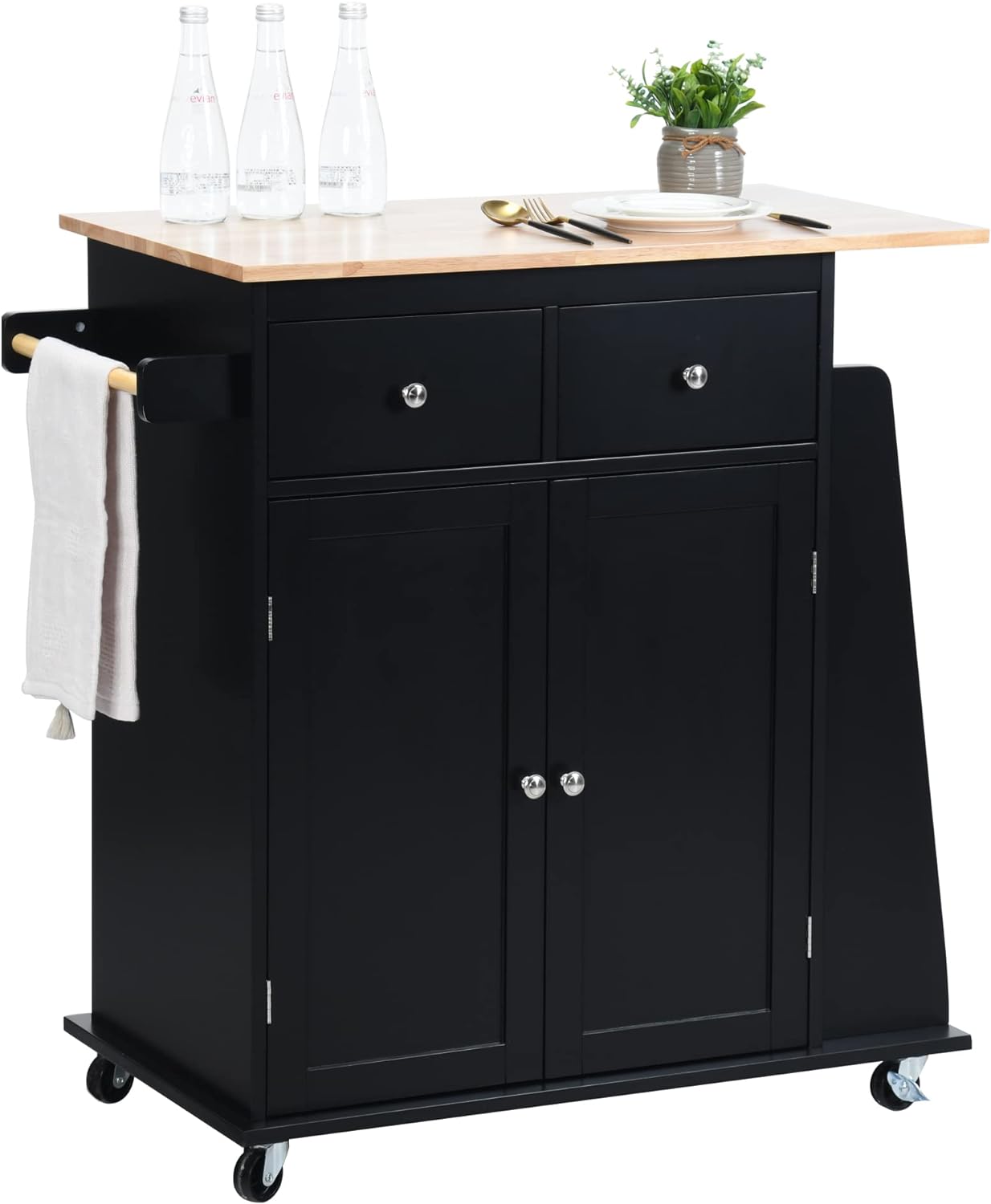 LOKO Kitchen Island, Rolling Kitchen Storage Cart with 3-Tier Spice Rack and Towel Rack, Microwave Cart with Wheels and Rubber Wood Tabletop, 34.5 x 18 x 35.5 inches (Black Kitchen Island)