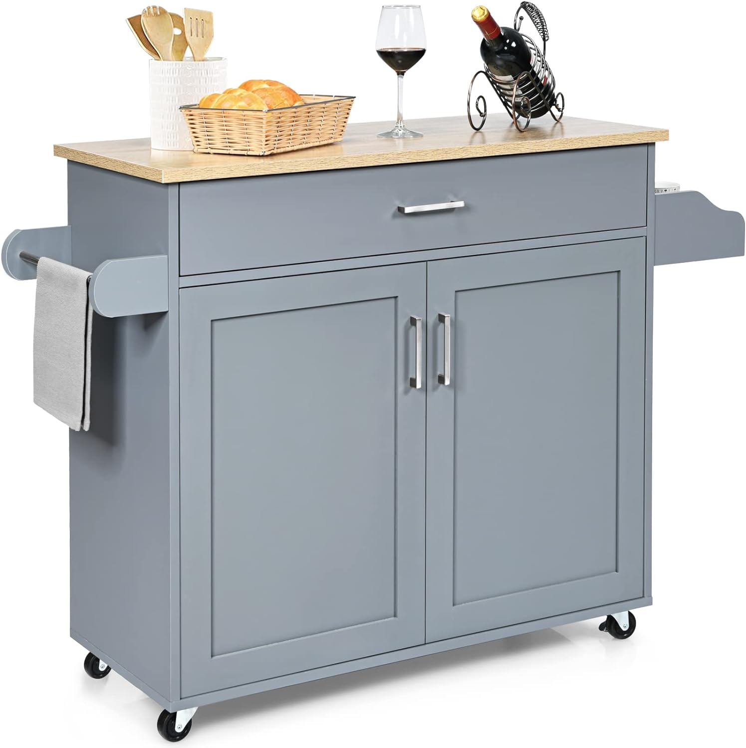 LOKO Kitchen Island Cart with Wheels, Rolling Kitchen Storage Cabinet with Drawer, Towel Rack, Spice Rack and Adjustable Shelf, Kitchen Cart for Kitchen and Dining Room, 45.5 x 16 x 33.5 inches (Grey)