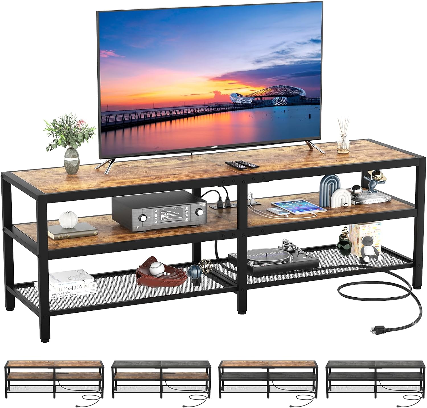 Unikito TV Stand for 60 65 Inch TV, Two-Color Long Entertainment Center TV Console Table with Power Outlet, Industrial 55 TV Cabinet with Open Storage Shelves for Living Room, Rustic Brown and Oak