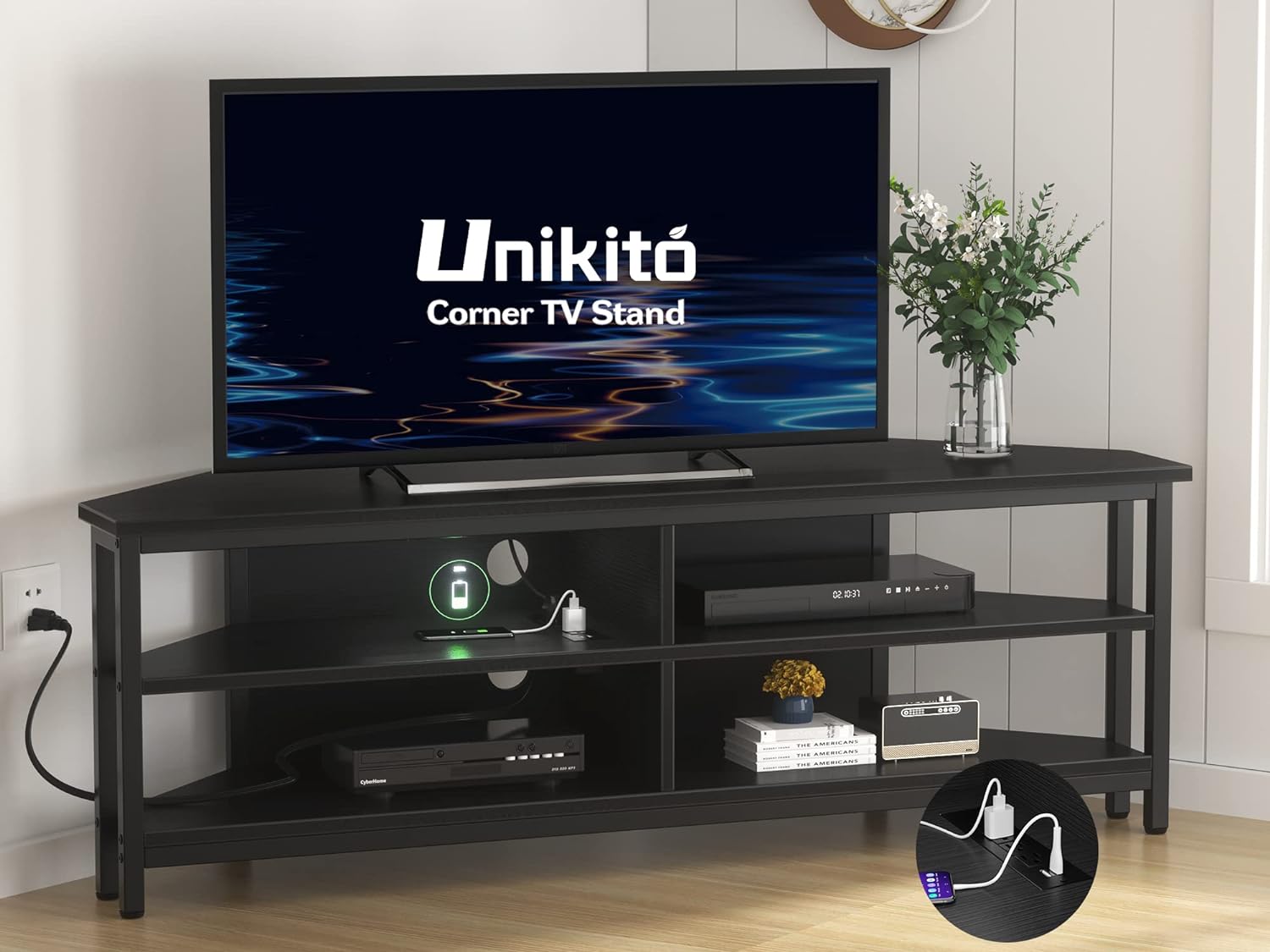 Unikito Corner TV Stand With Power Outlet, Corner Entertainment Center Corner TV Table With 4 Open Storage Corner TV Cabinet Wood TV Stand For Living Room,Bedroom Corner TV Stand For 55 inch TV, Black