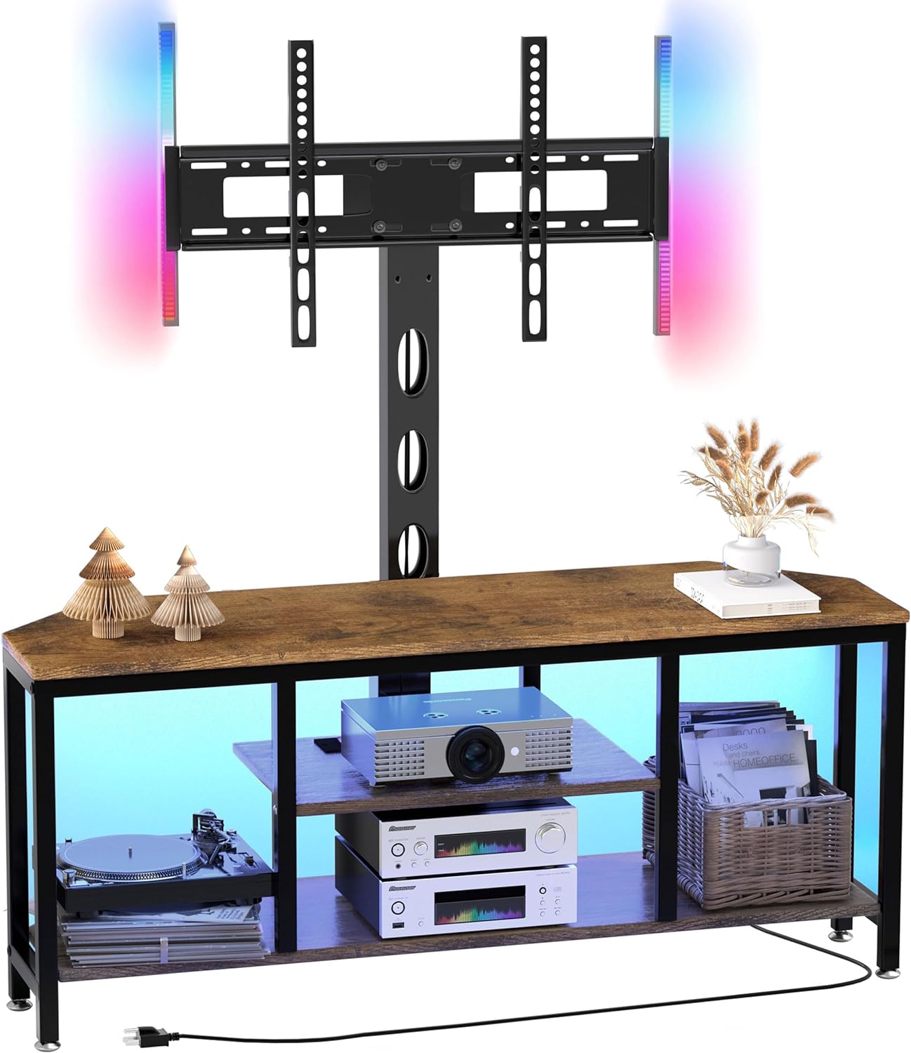 TV Stand with Mount and LED Light, Corner TV Stand with Storage and Power Outlet, Swivel Television Stand Console for TV Up to 65, Entertainment Center for Living Room, Bedroom, Rustic Brown